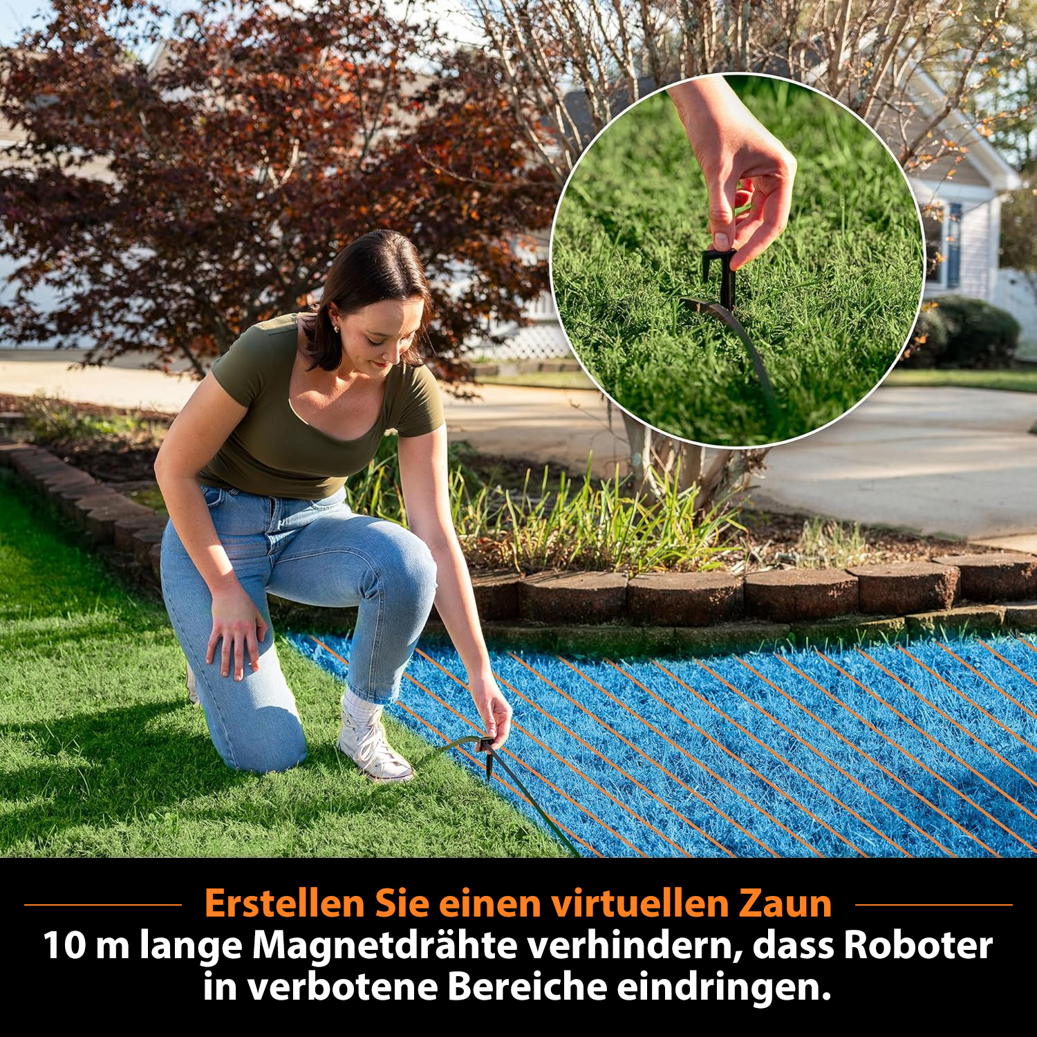 Frau legt Magnetdrähte für virtuellen Zaun aus.