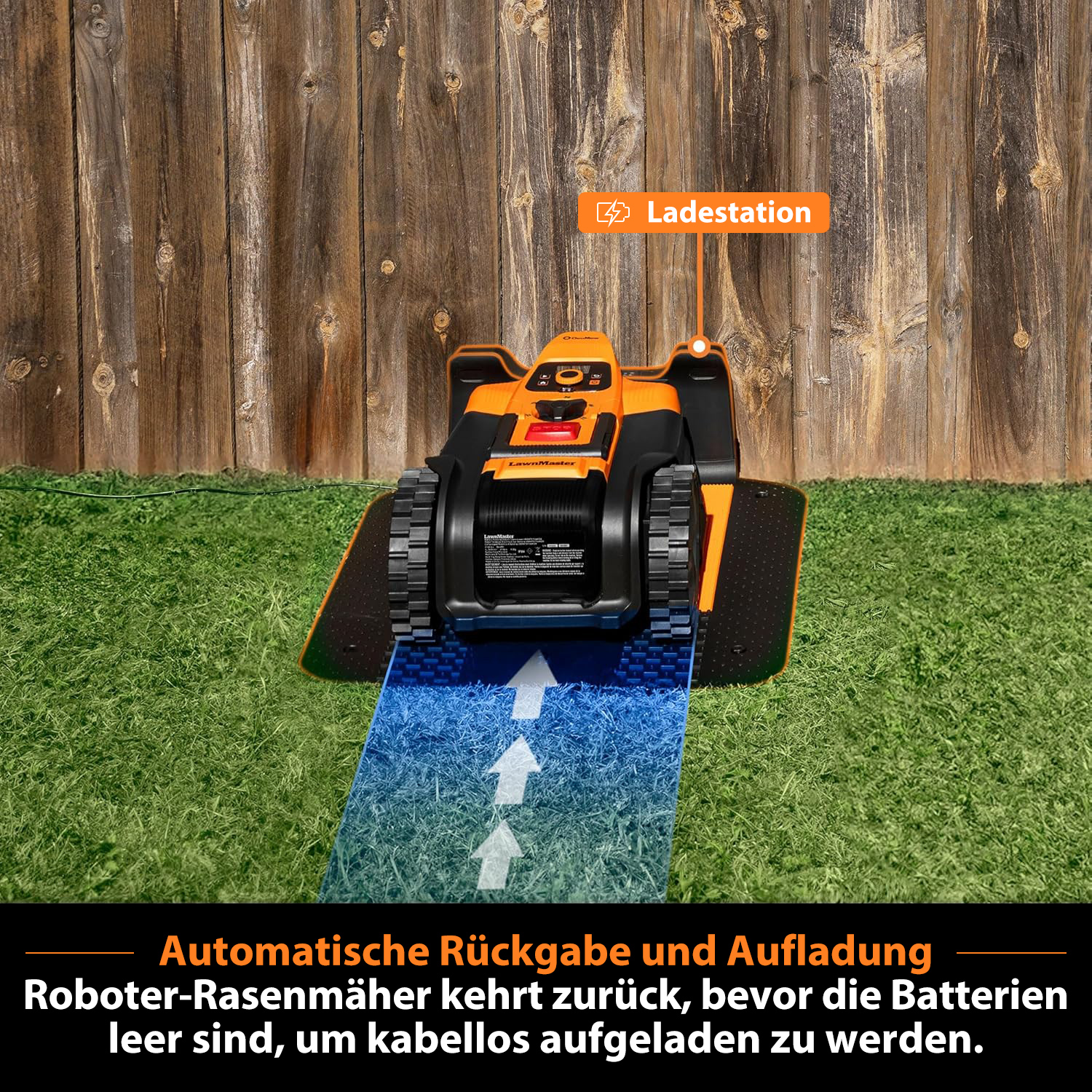 Ein Mähroboter fährt auf seine Ladestation zu, mit Pfeilen auf dem Rasen.