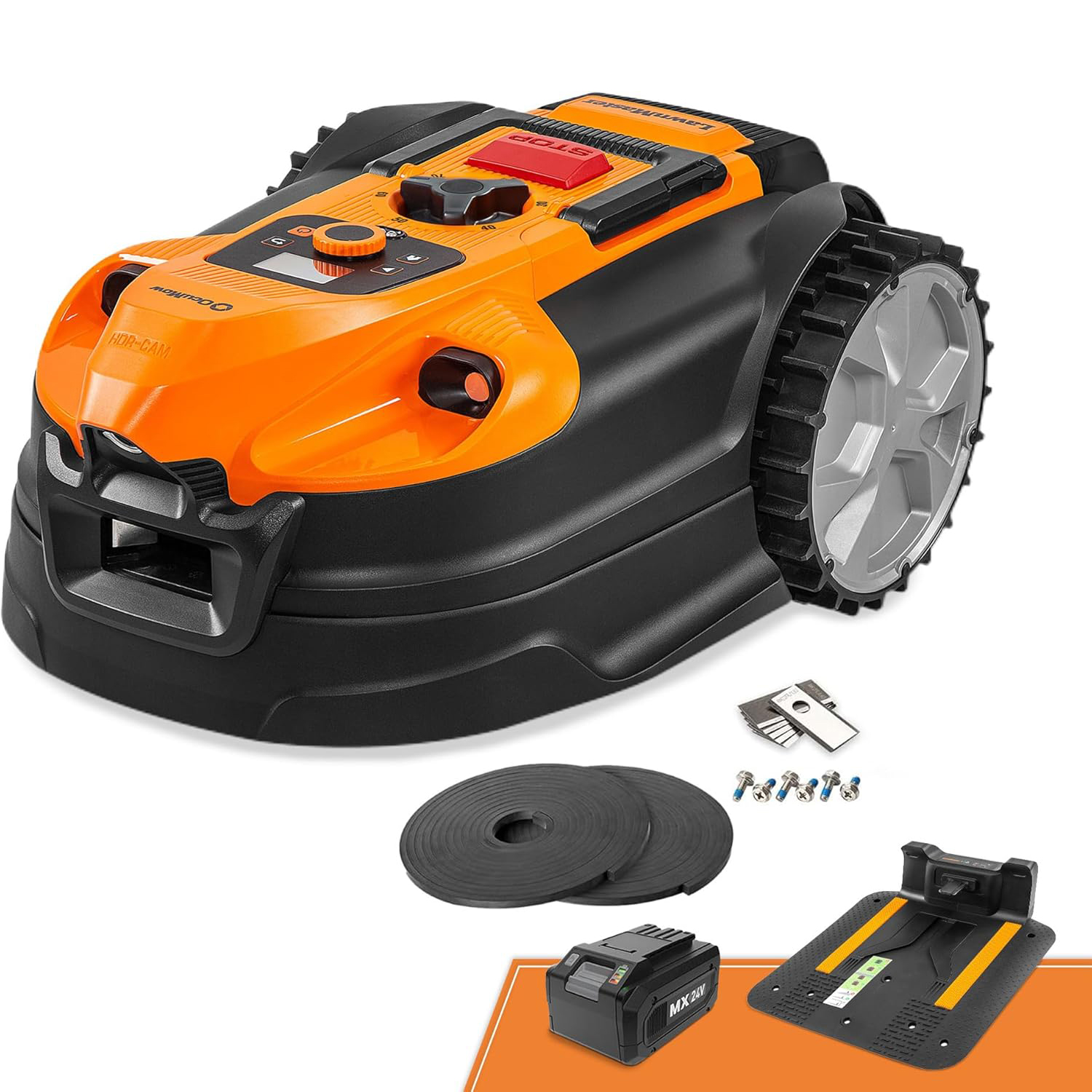 Ein orange-schwarzer Mähroboter mit Zubehör, darunter Akku und Ladestation.