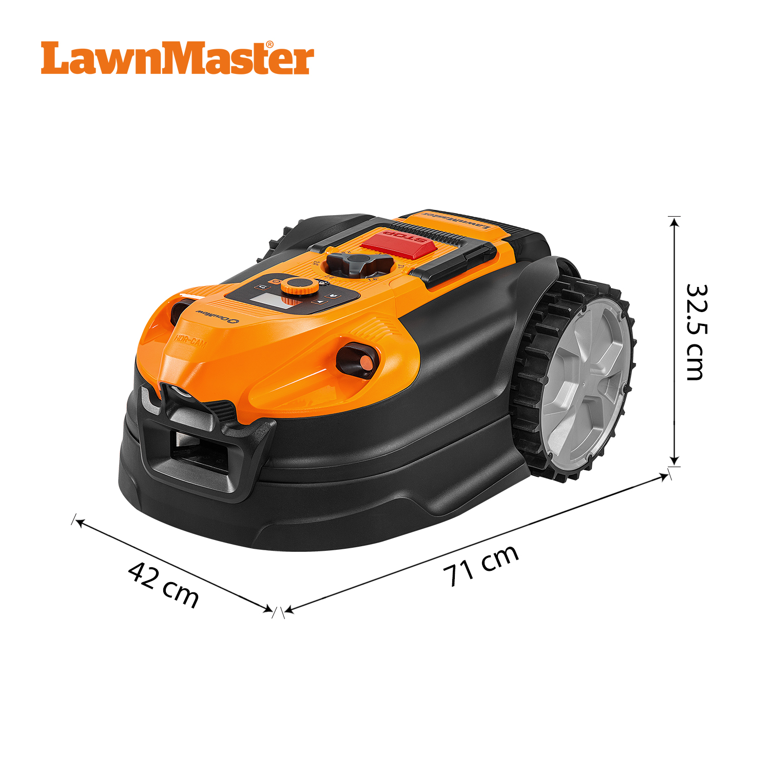 Ein orange-schwarzer Mähroboter mit Radmaßen von 42 cm und 71 cm Länge.