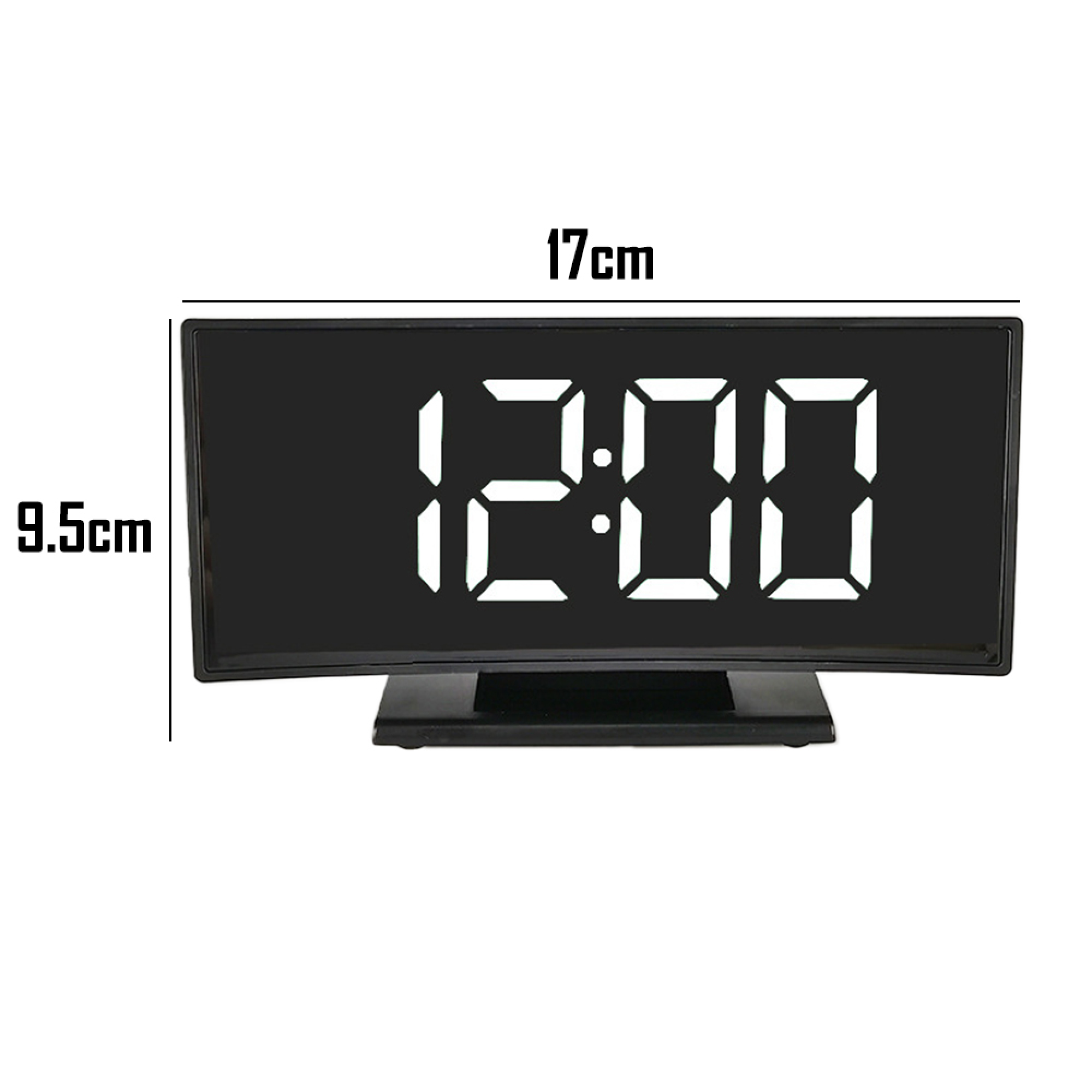 Digitaluhr mit weißer Anzeige 12:00 auf schwarzem Hintergrund. Maße 17x9.5cm.