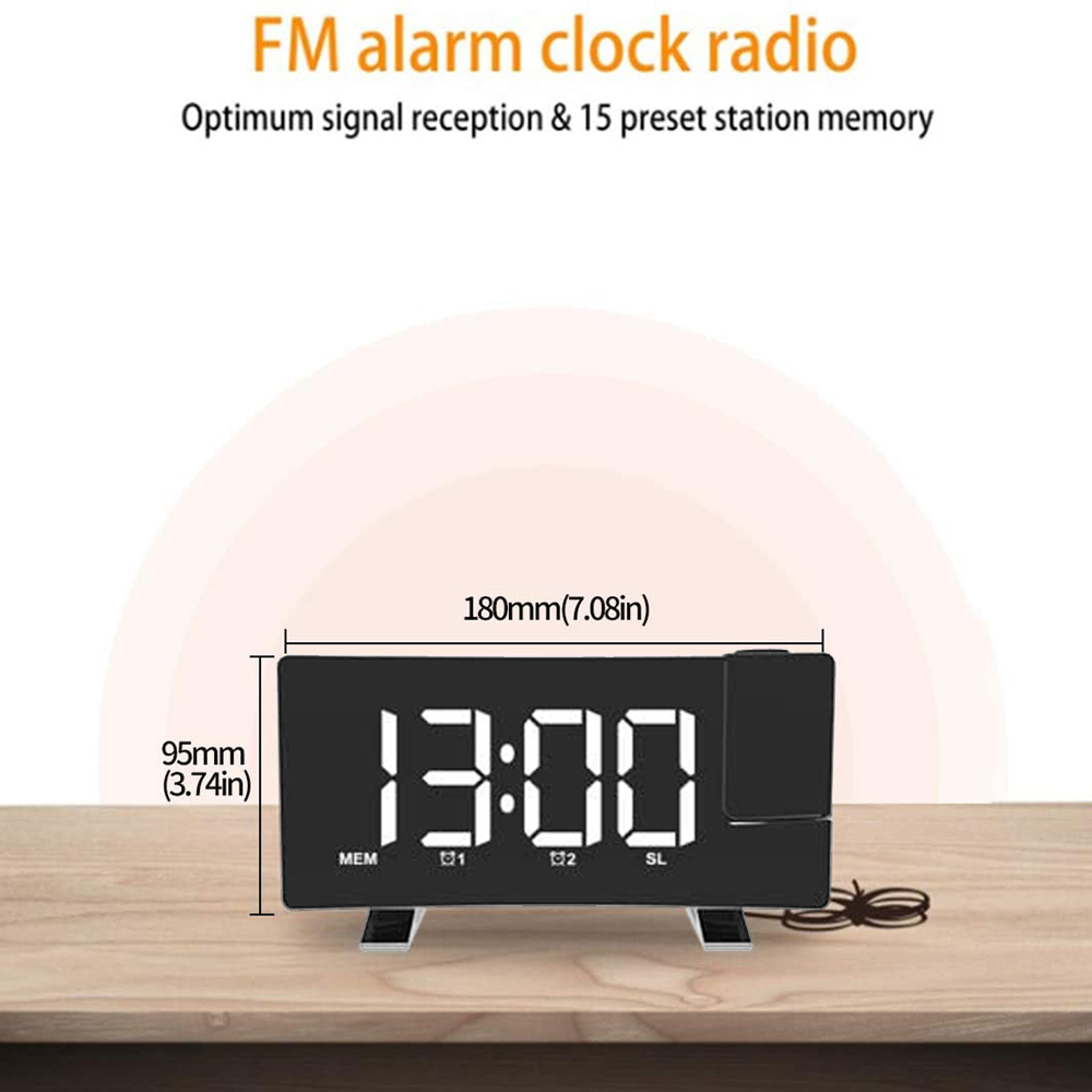 Schwarzer Radiowecker mit digitaler Anzeige 13:00 auf einem Holztisch.