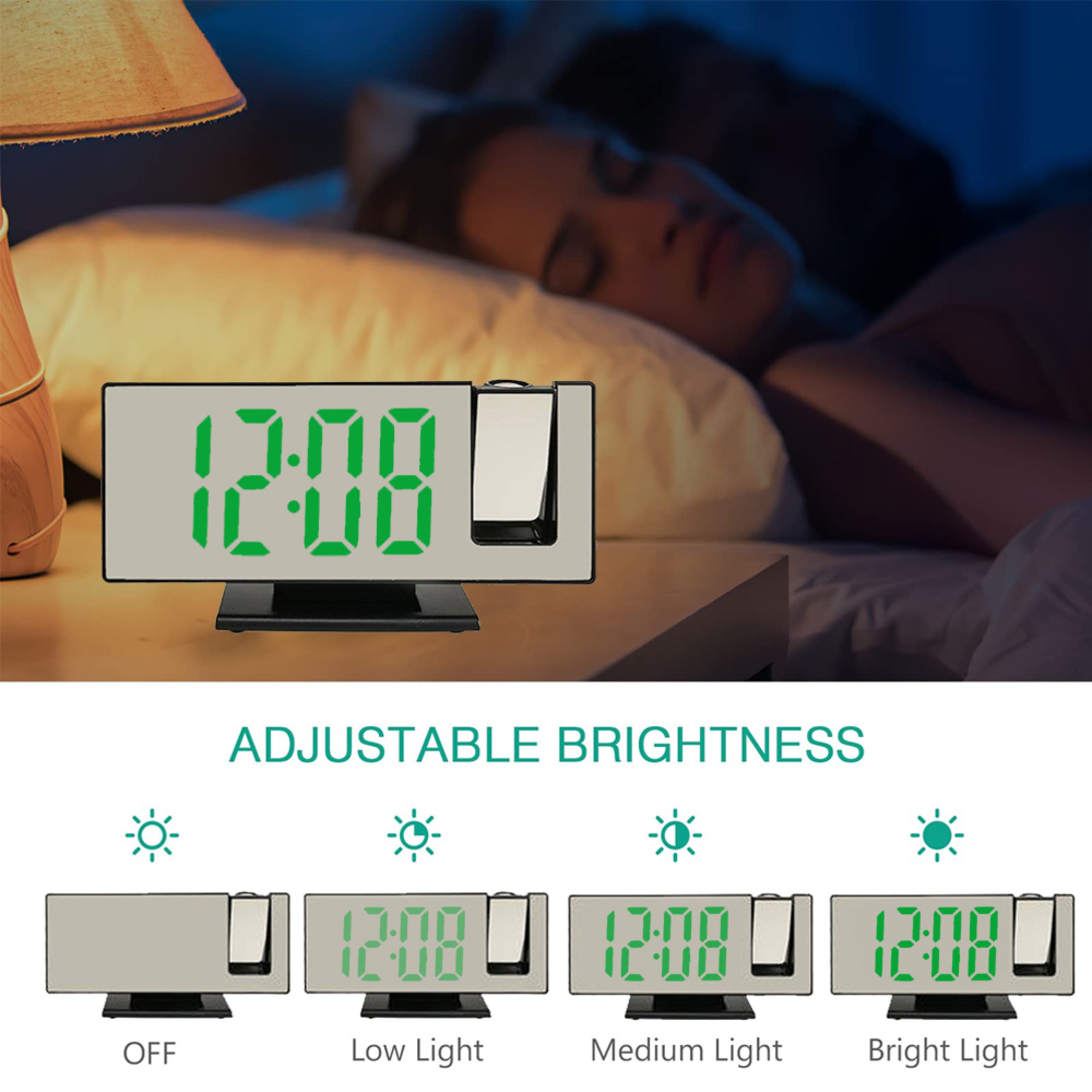 Digitaluhr mit grüner Anzeige auf Nachttisch neben schlafender Person.