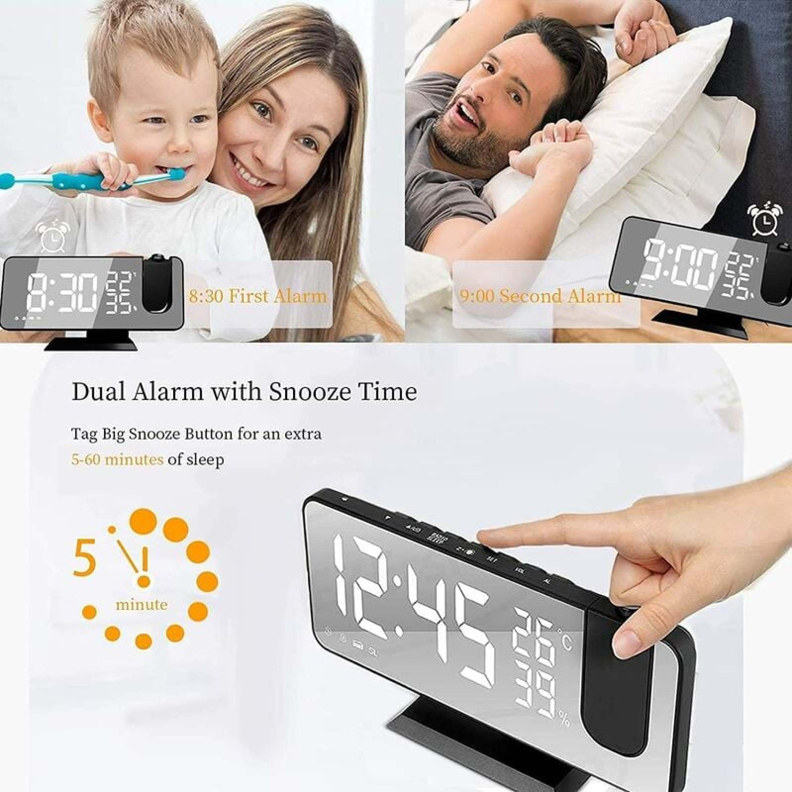 Digitaluhr mit Projektion zeigt 8:30 und 9:00 an, Eltern mit Kind, Mann im Bett.