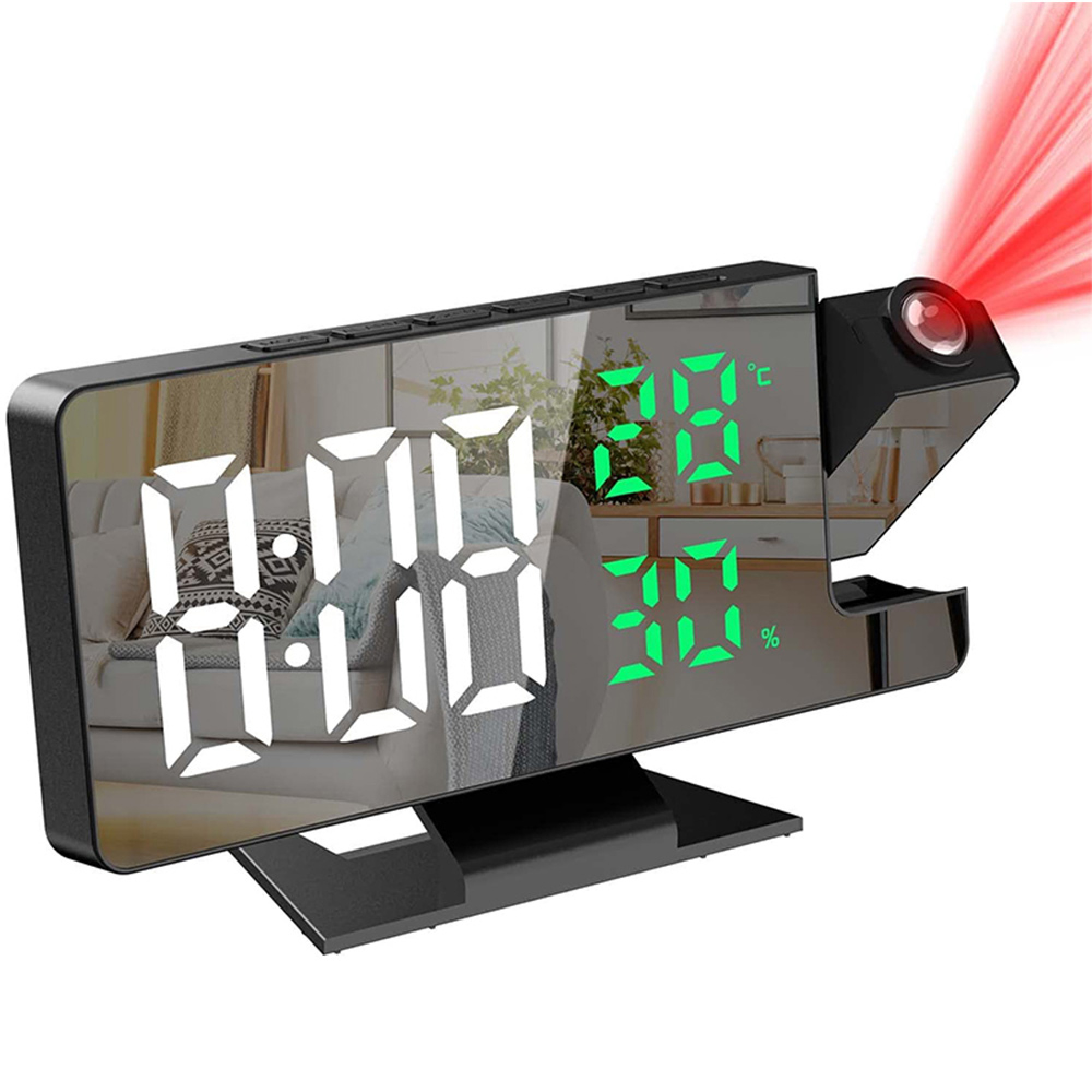 Digitaler Wecker mit roter Laserprojektion, zeigt 11:11 und 28C, 30%.