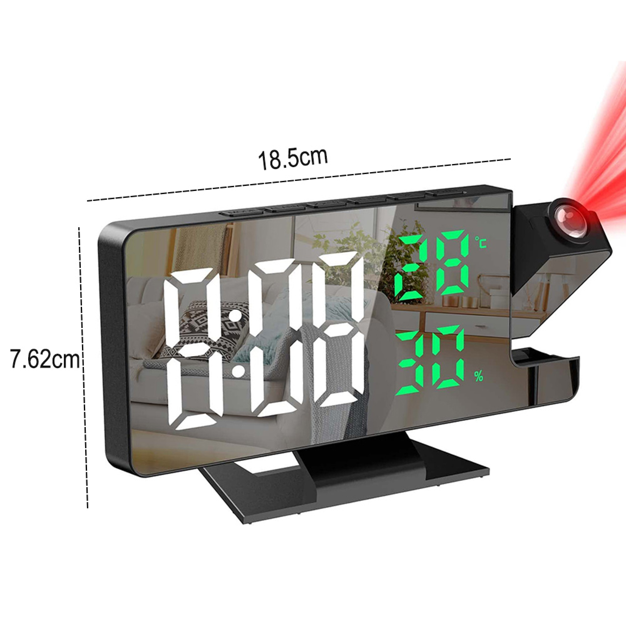 Digitaluhr mit Projektor, zeigt 01:00 und 28°C, 30% an.