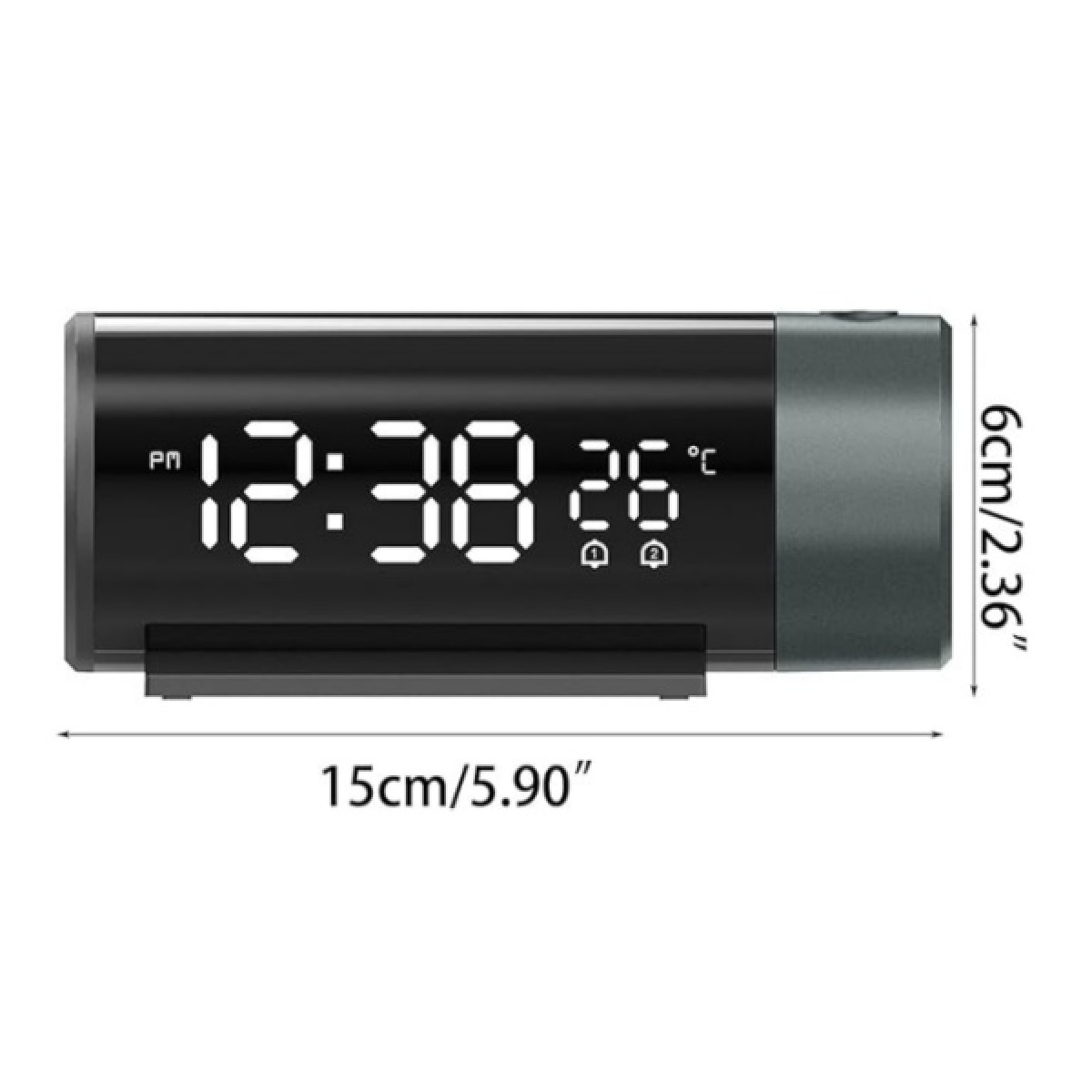 Digitaler Wecker zeigt 12:38 Uhr und 26°C an. Maße 15cm x 6cm.