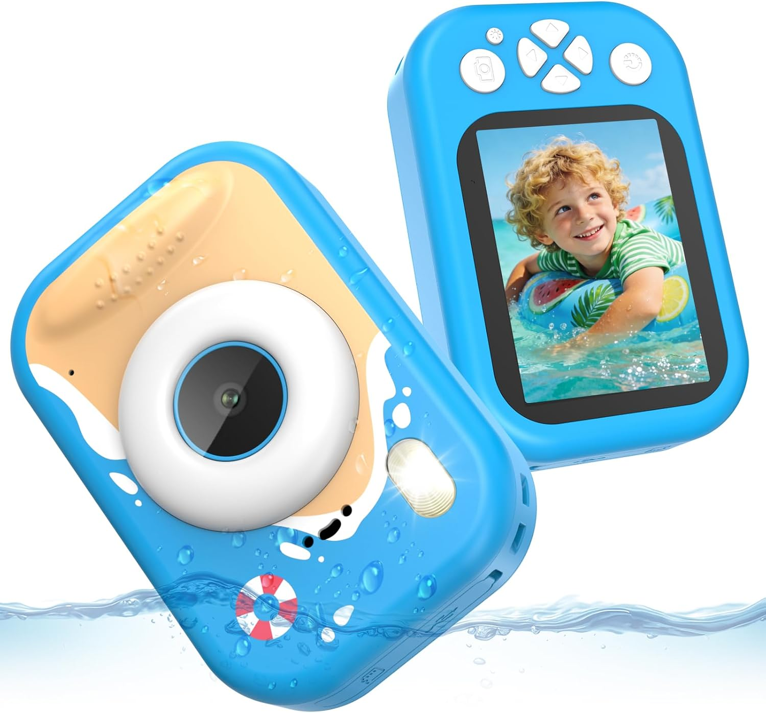 Blaue Digitalkamera mit einem Jungen im Wasser auf dem Bildschirm.