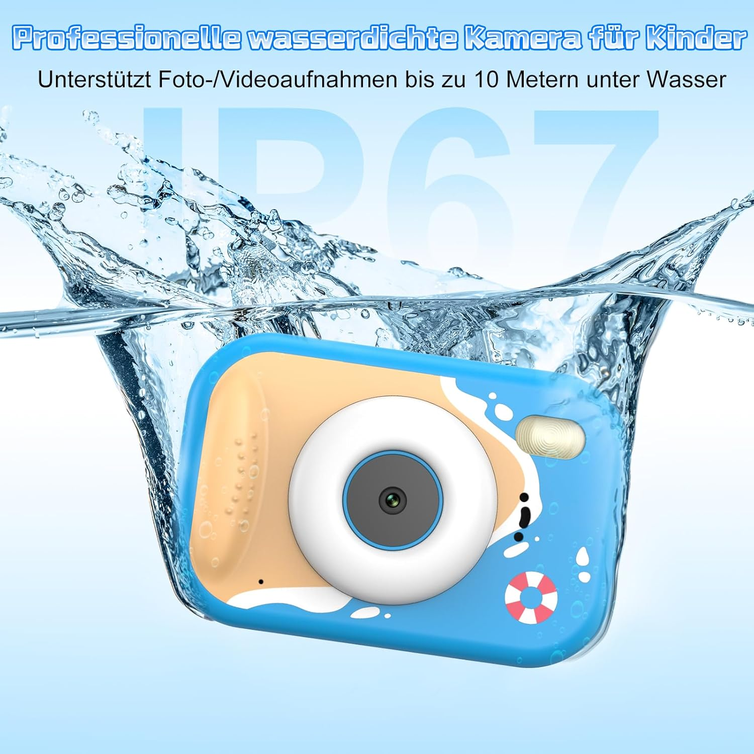 Eine blaue und orange wasserdichte Kinderkamera taucht in Wasser.