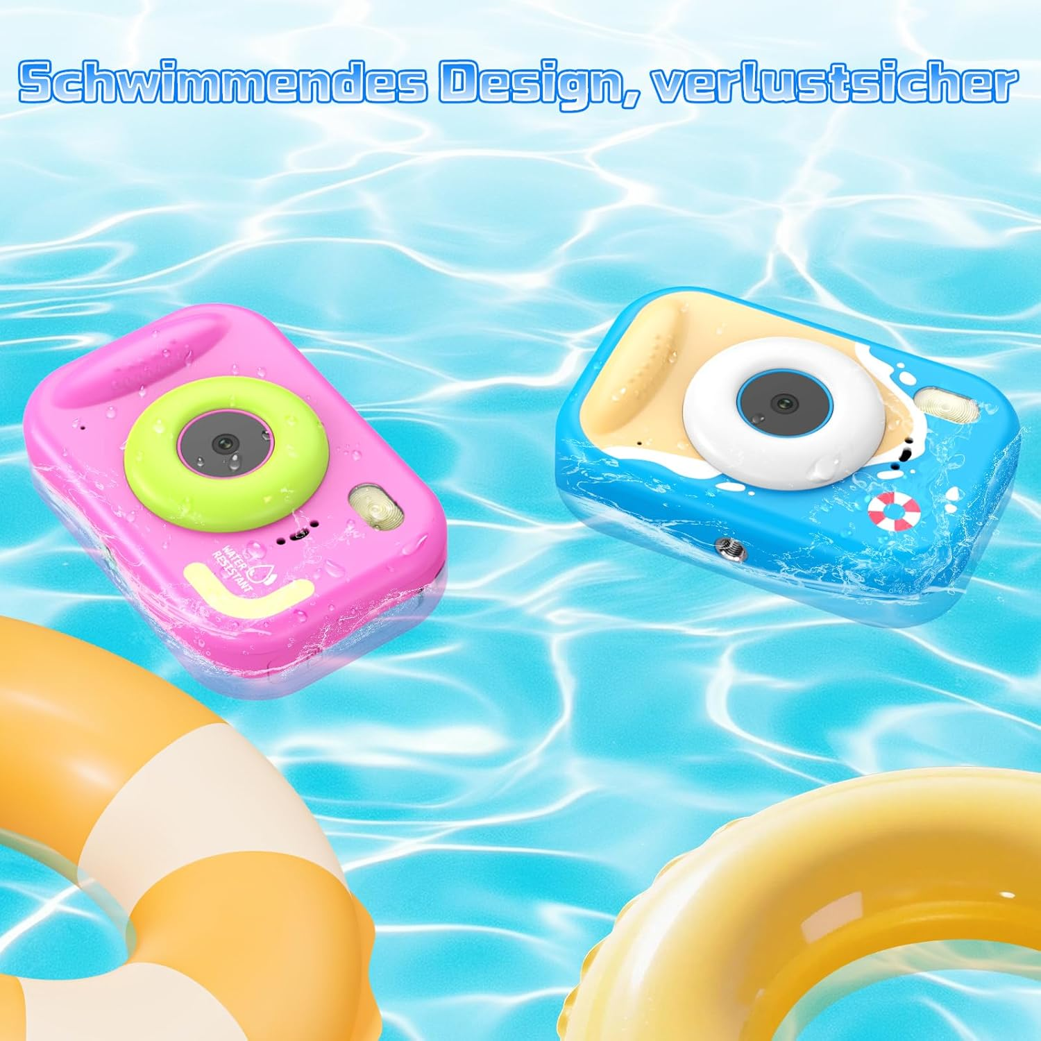 Zwei wasserdichte Kameras schwimmen im Pool mit Schwimmringen.