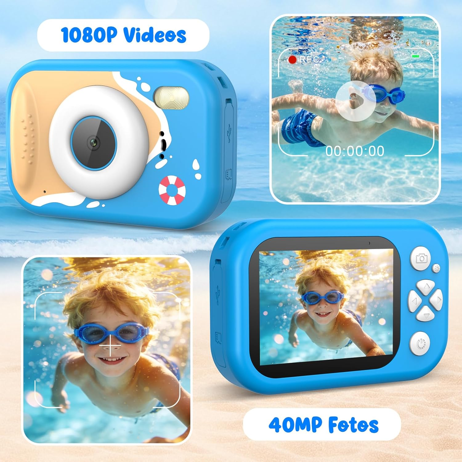 Blaue Digitalkamera mit Strandmotiv, zeigt Jungen unter Wasser beim Schwimmen.