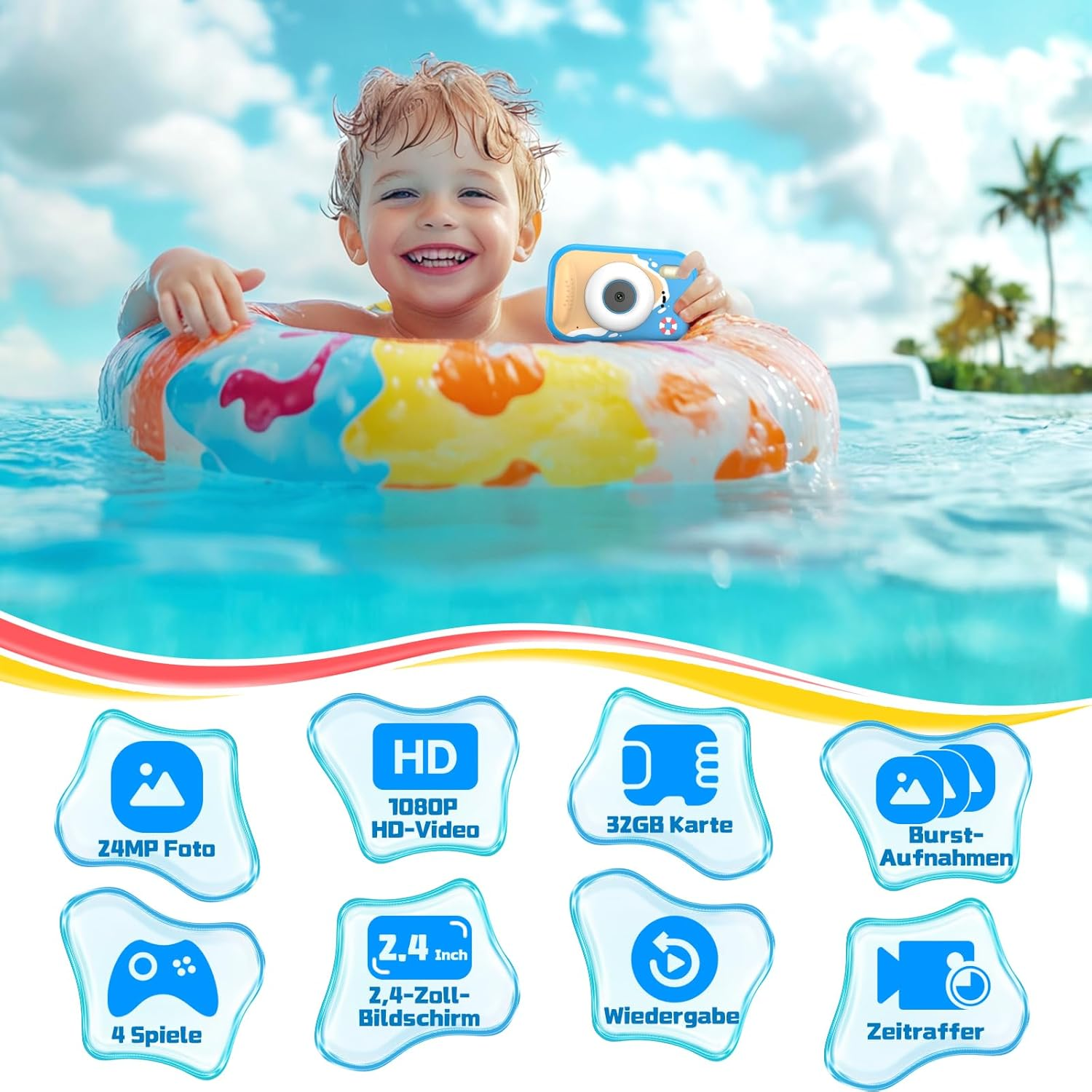 Ein Junge mit einem aufblasbaren Ring im Schwimmbad hält eine blaue Kamera. Icons zeigen Funktionen.