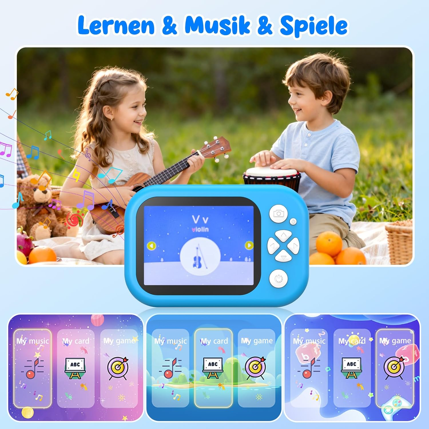 Kinder lernen Musik und Spiele auf einer blauen Kamera im Freien.