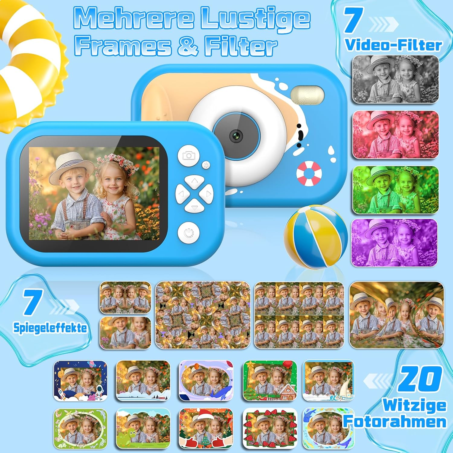 Ein blaues Kinderkamera-Display zeigt zwei Kinder. Mehrere Filter und Rahmen werden gezeigt.