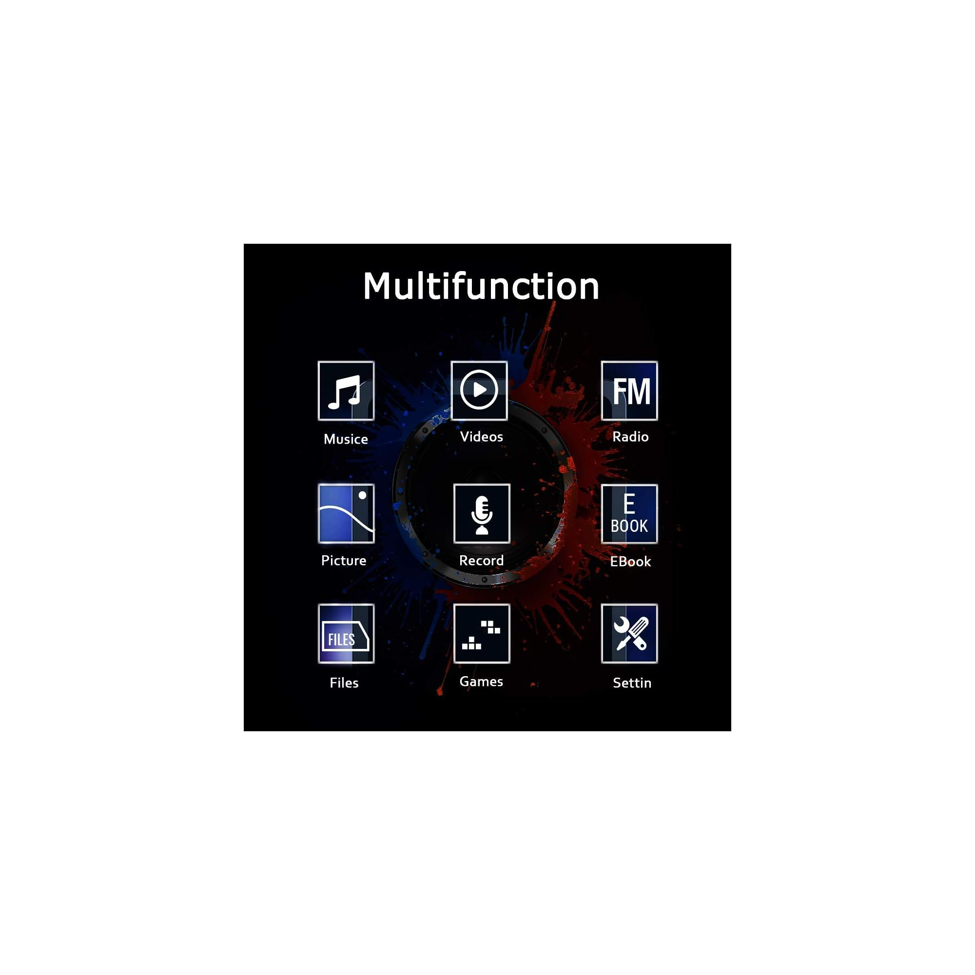 Multifunktionsmenü mit Symbolen für Musik, Videos, Radio, Bilder, Aufnahme, E-Book, Dateien, Spiele, Einstellungen.