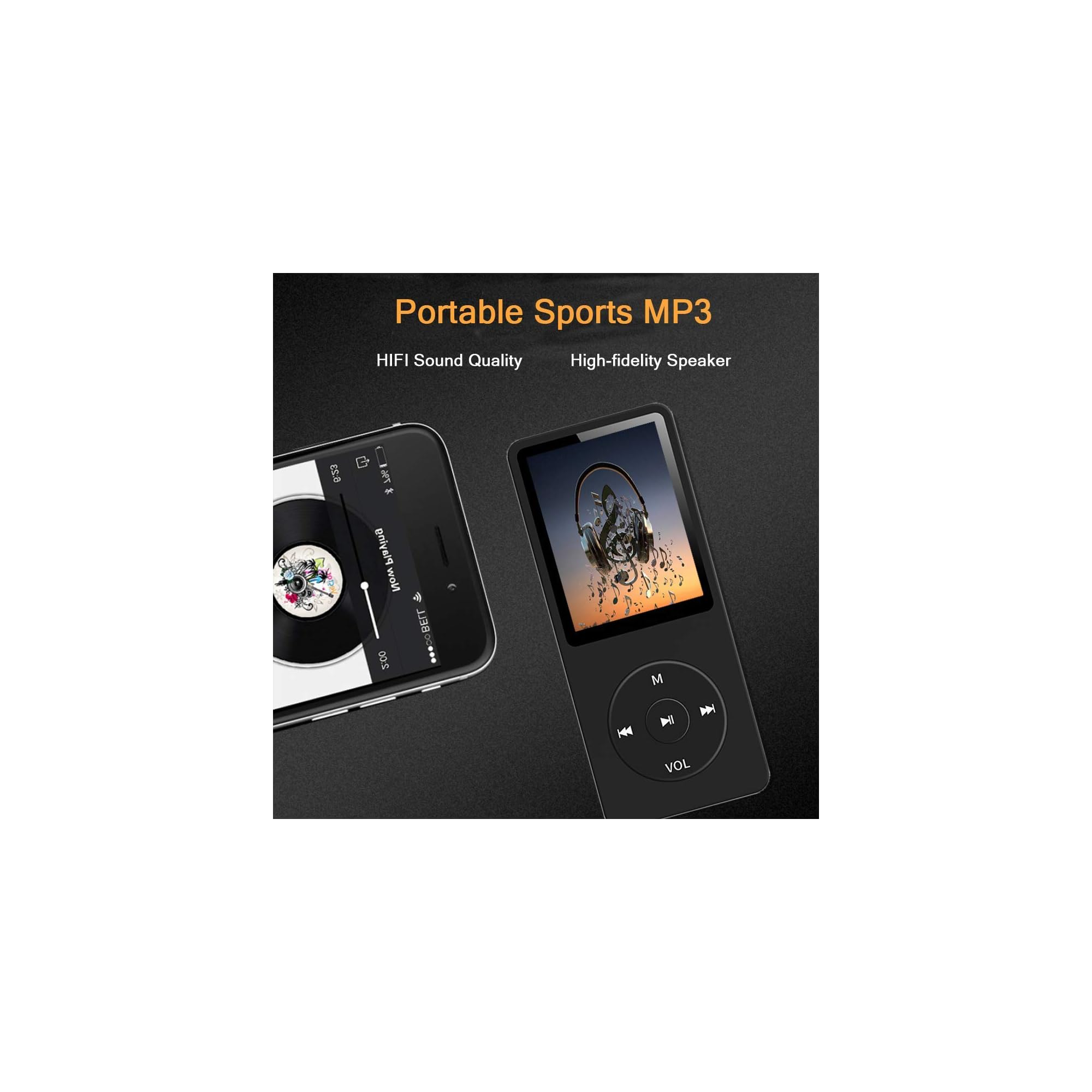 Zwei schwarze MP3-Player auf dunklem Hintergrund. Einer zeigt eine Schallplatte, der andere Kopfhörer.