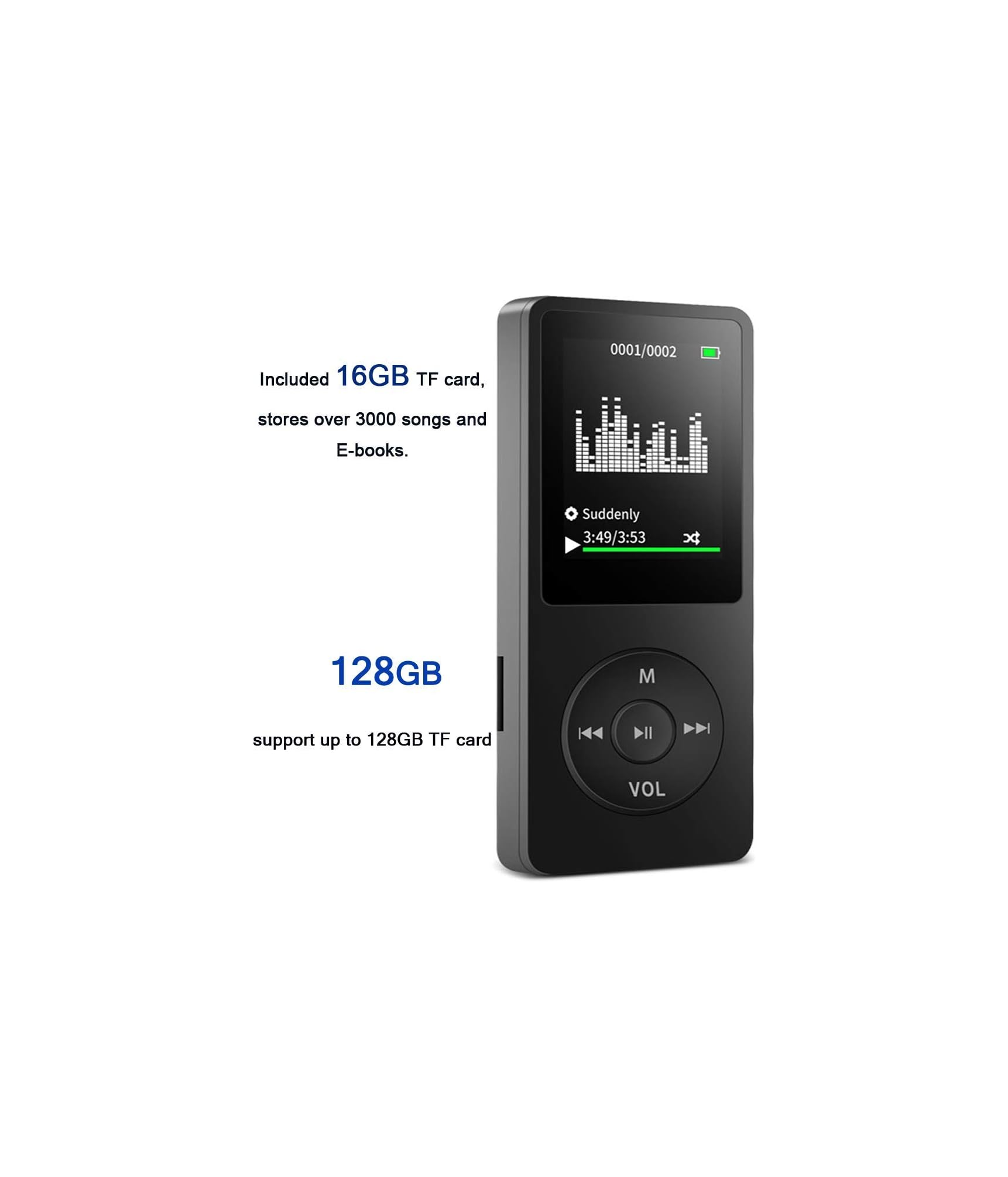 Ein schwarzer MP3-Player mit Bildschirm zeigt Songinformationen und Steuerelemente.