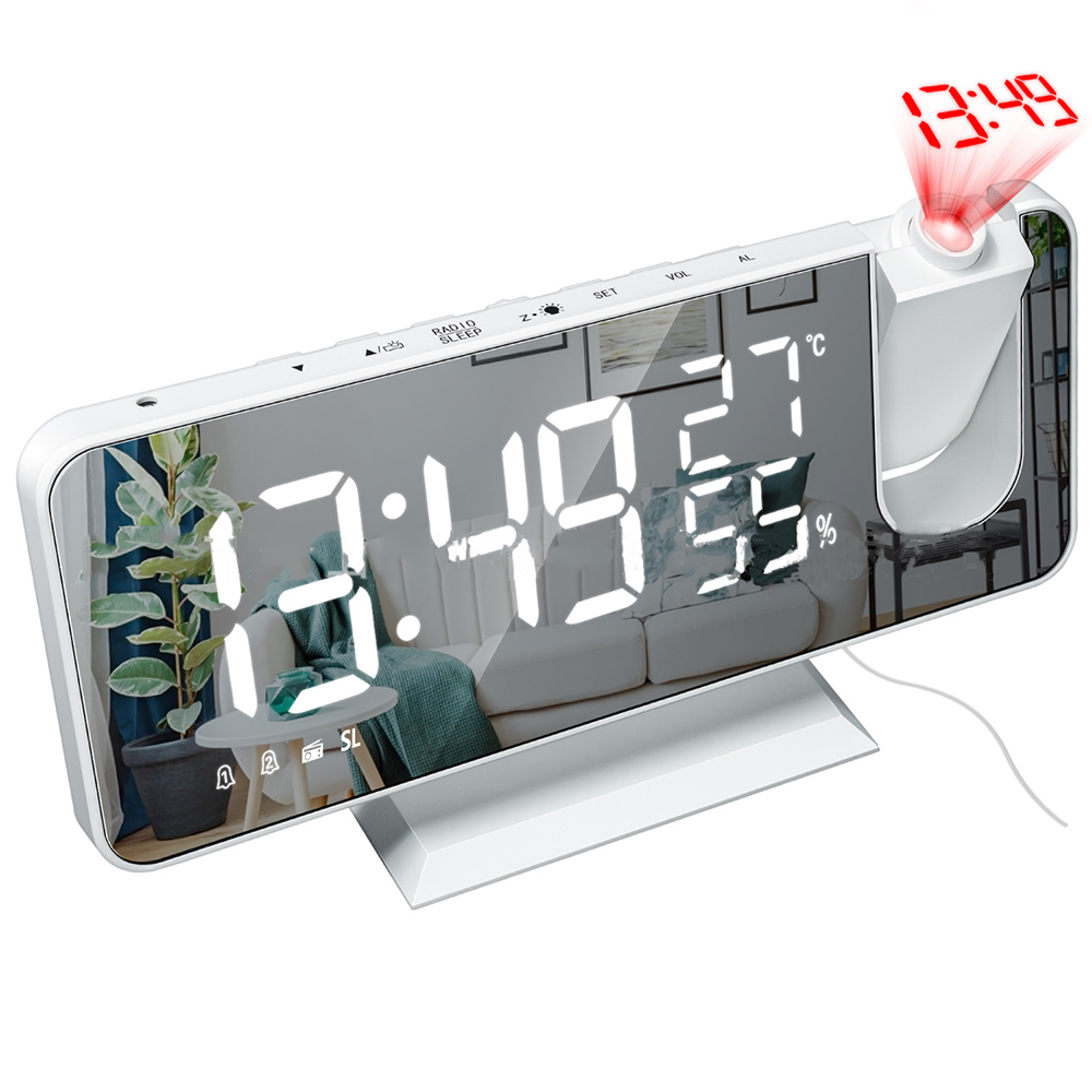Ein weißer Projektionswecker zeigt 13:49. Die Zeit wird rot an die Wand projiziert.