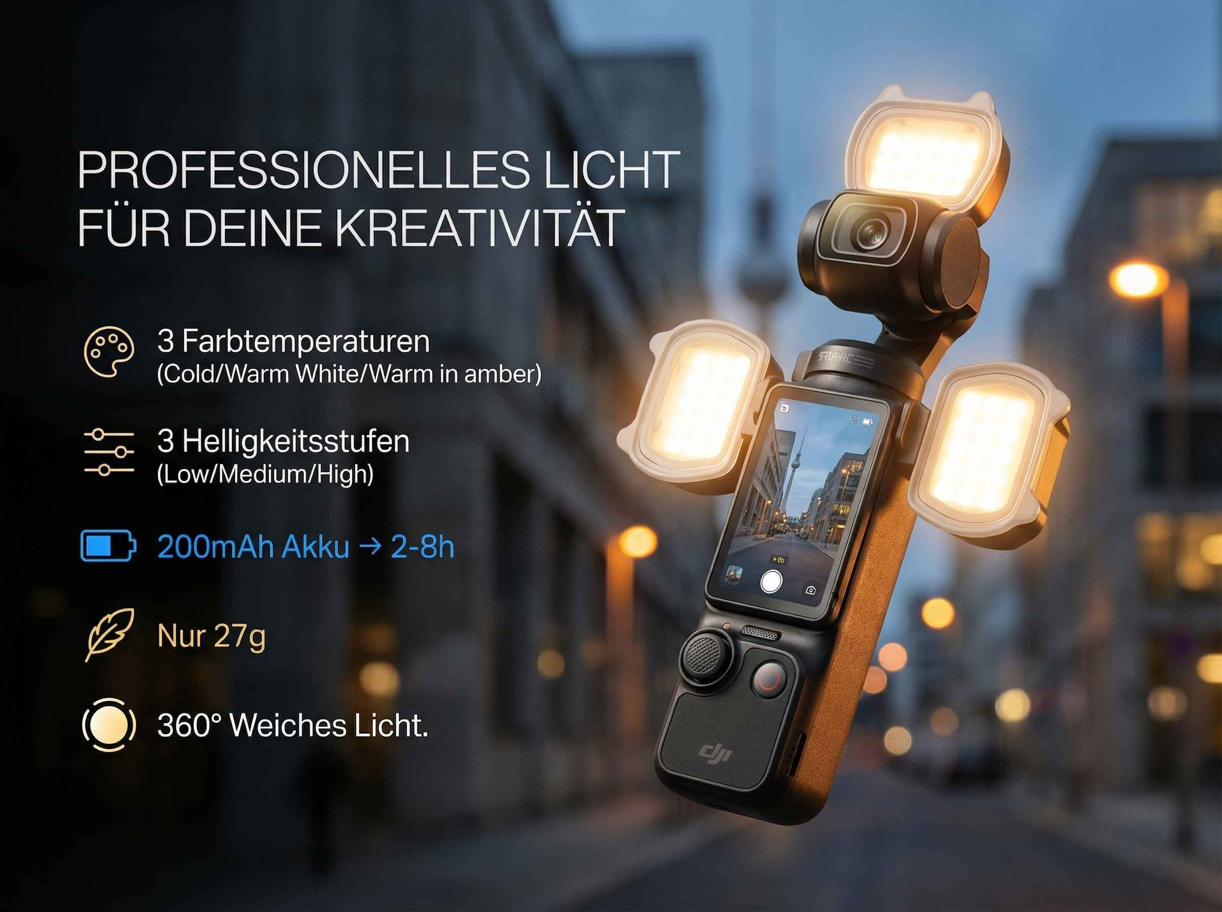 Kompakte Kamera mit drei LED-Leuchten, Touchscreen und Bedienelementen.