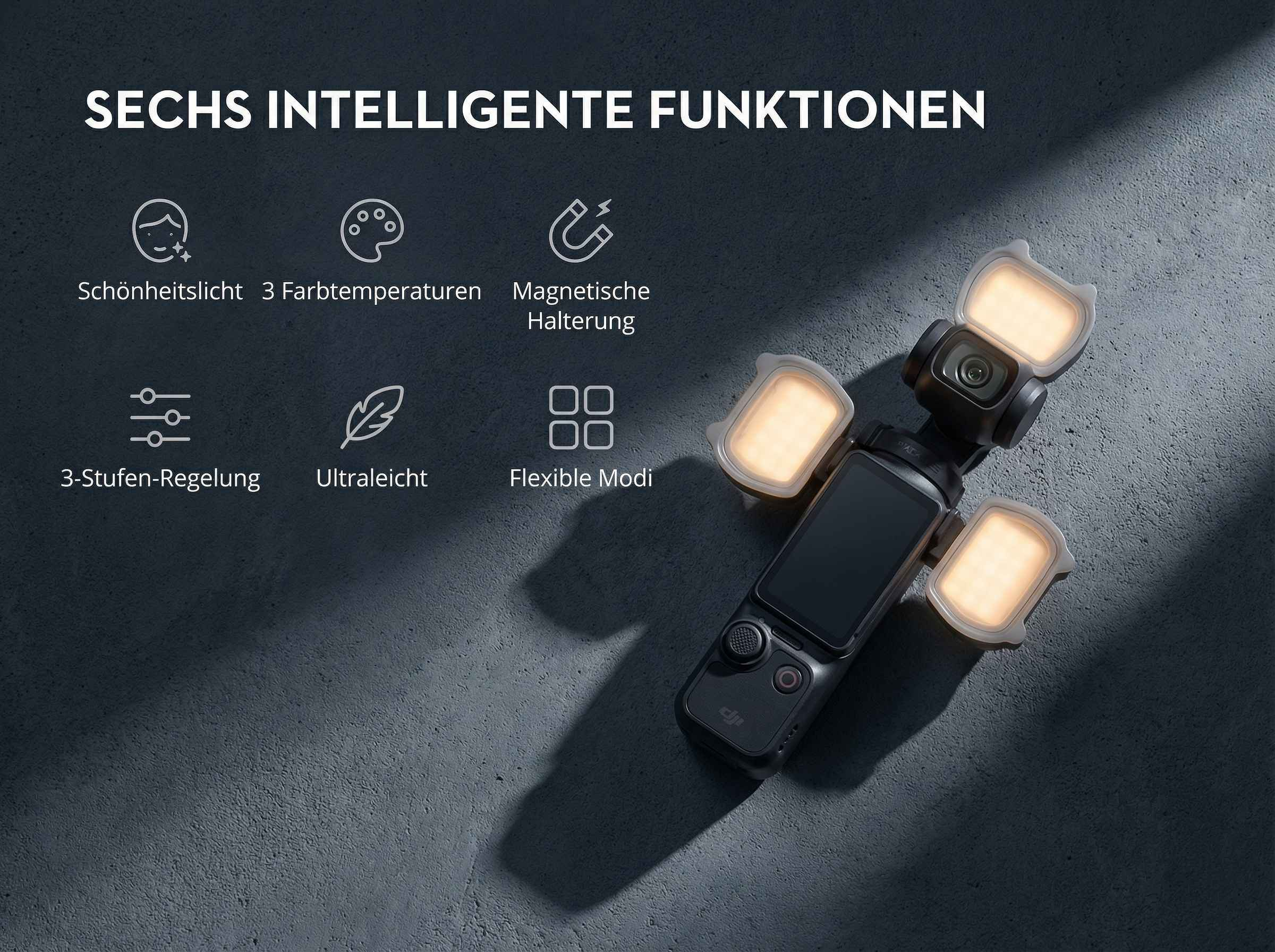 Kamera mit drei Lichtern und Funktionen auf dunklem Untergrund.