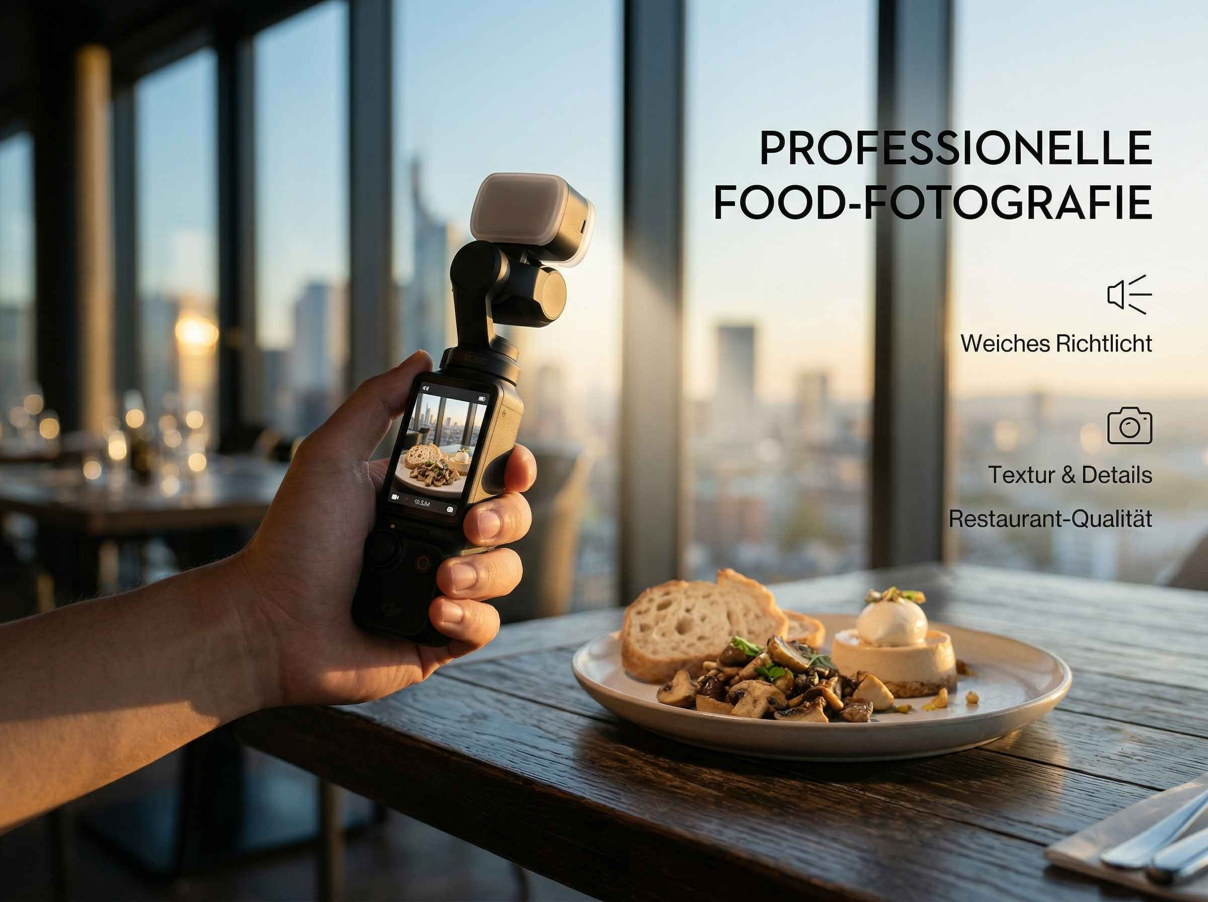 Hand hält Gimbal mit Kamera, zeigt Essen auf Teller vor Fenstern.