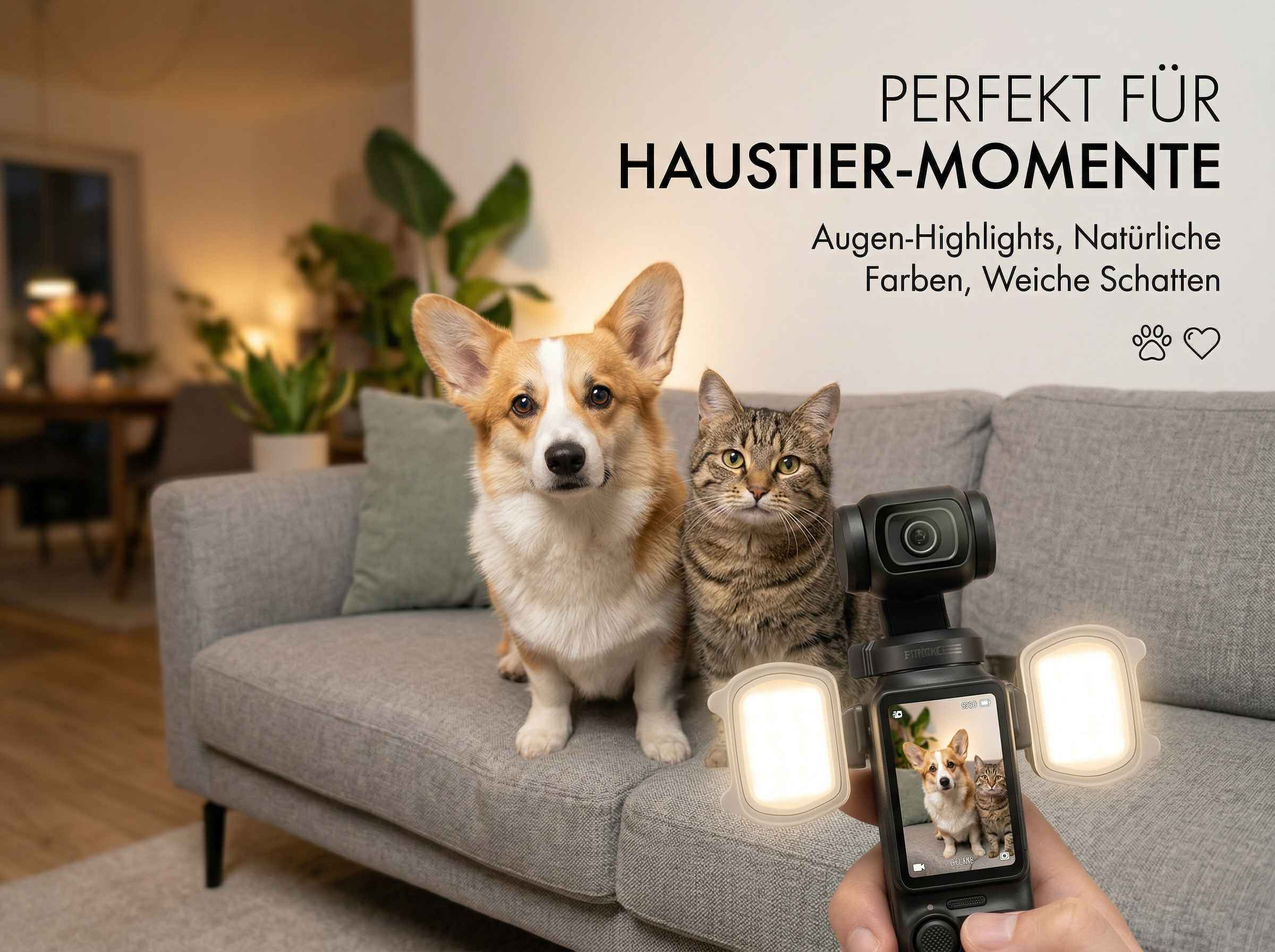 Ein Corgi und eine Katze sitzen auf einer Couch. Eine Hand hält eine Kamera.