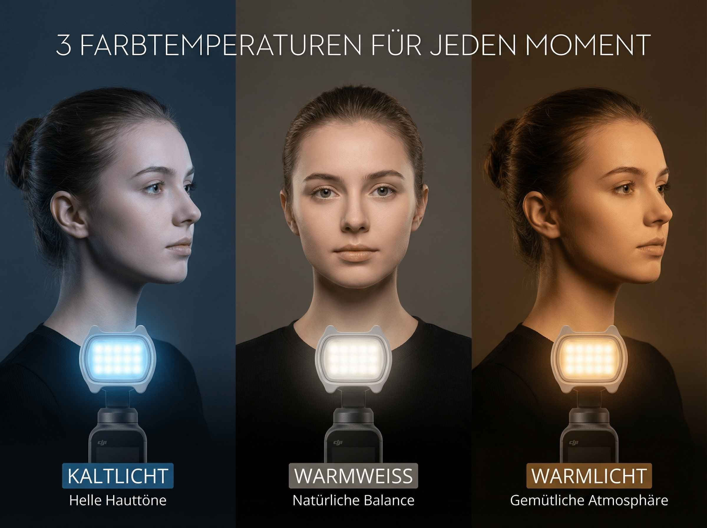 Drei Frauenporträts mit unterschiedlichen Lichtfarben: kalt, neutral, warm.