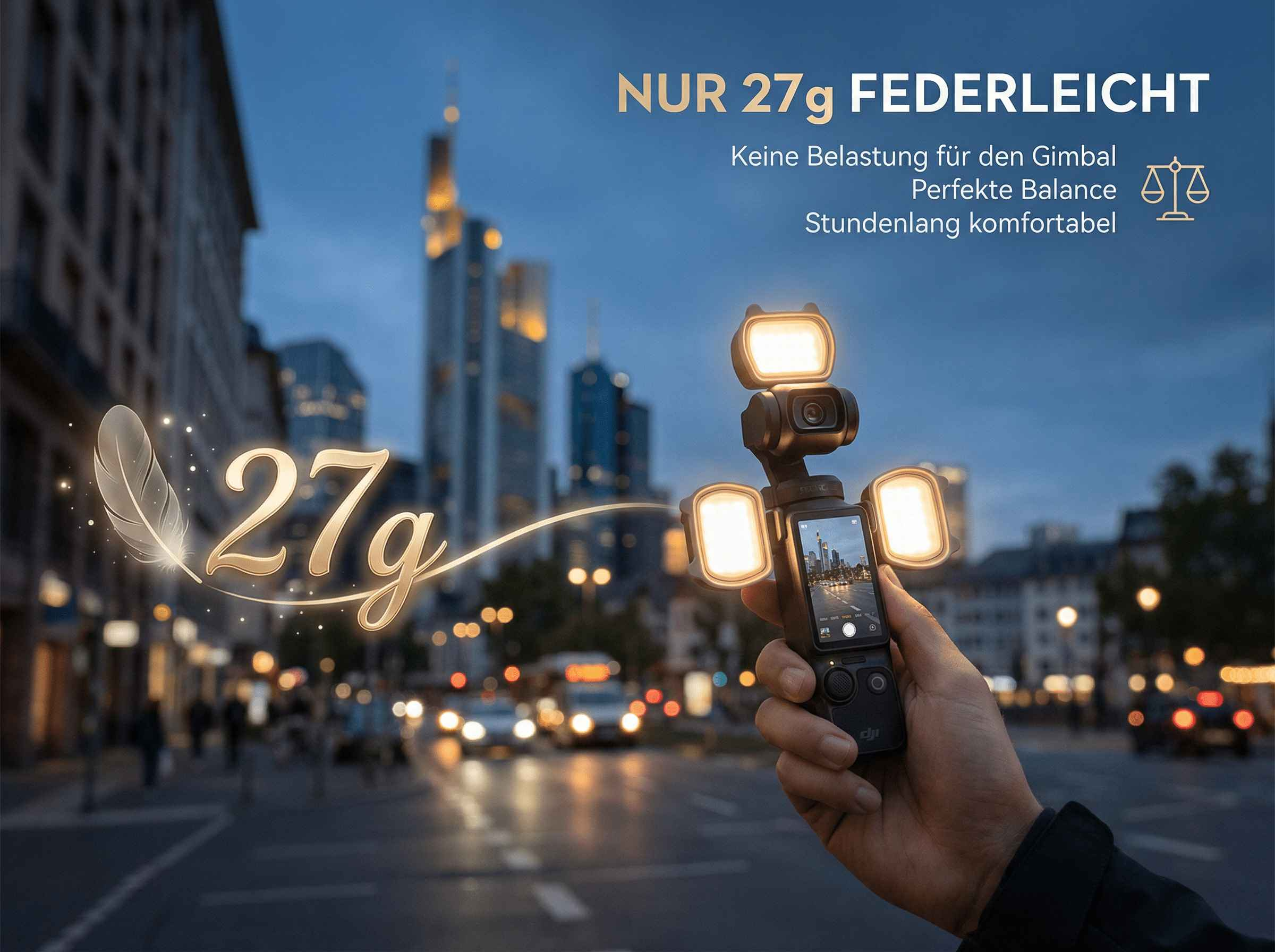 Hand hält leichte Kamera mit Lichtern vor belebter Stadtkulisse bei Nacht.