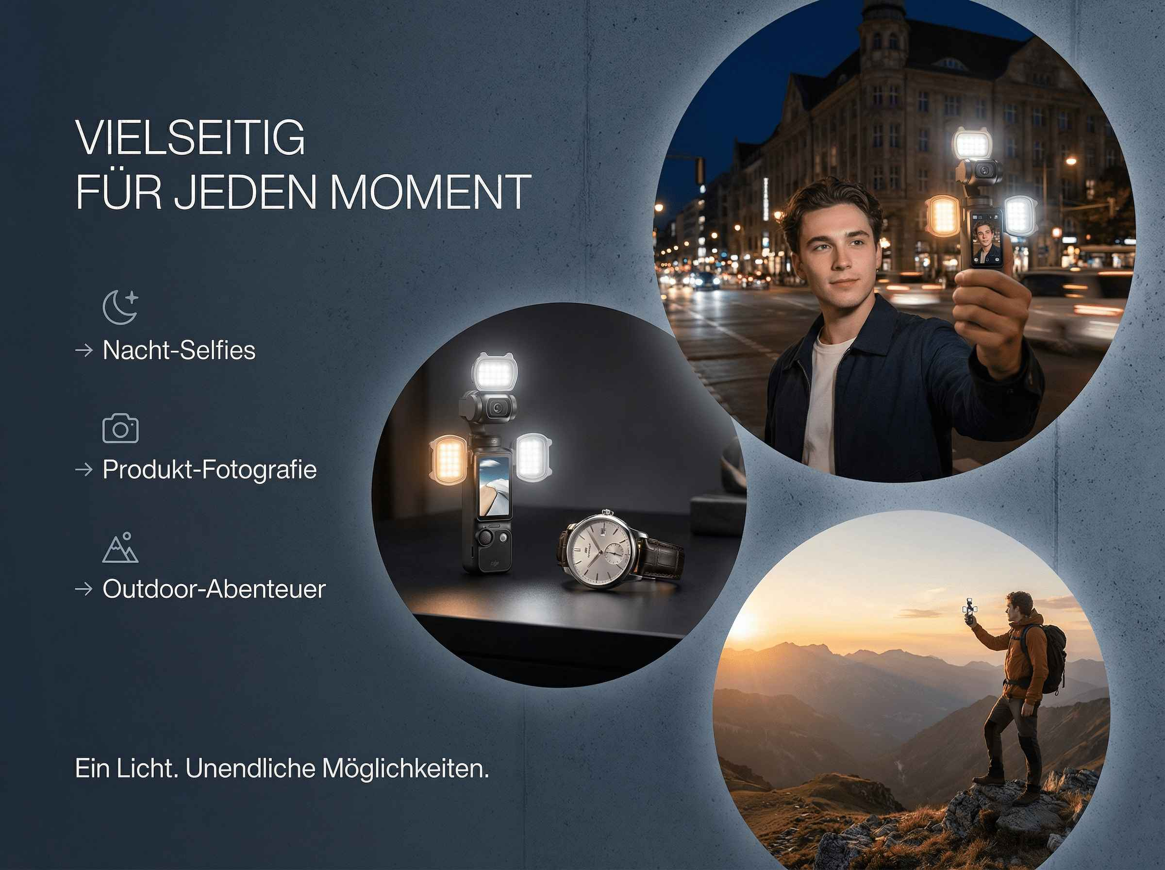 Mann macht Nacht-Selfie in Stadt; Kamera mit Lichtern; Mann wandert in Bergen bei Sonnenuntergang.
