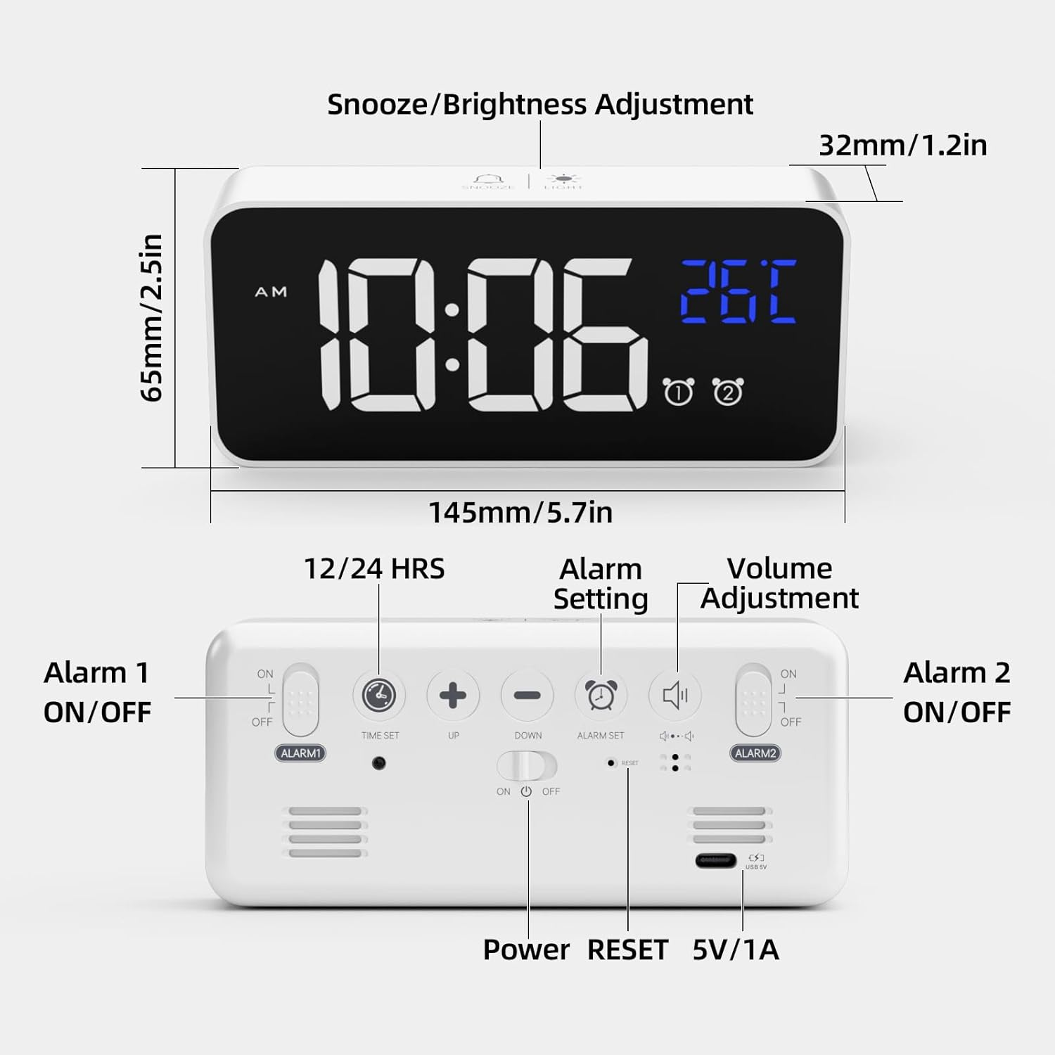 Ein weißer Digitalwecker mit blauem Display, der 10:06 Uhr anzeigt.