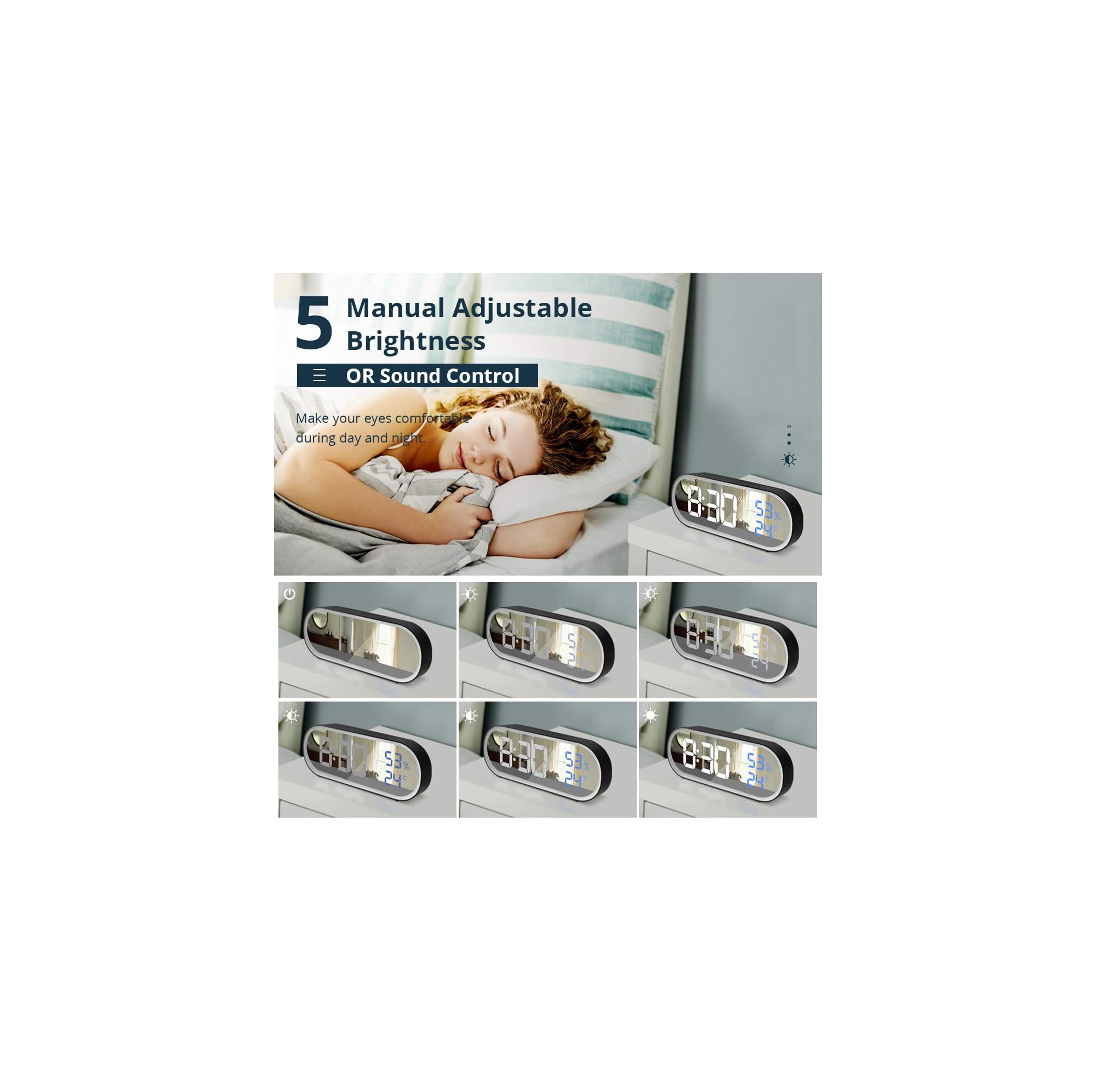 Ein Wecker mit digitaler Anzeige zeigt Zeit, Luftfeuchtigkeit und Temperatur an.