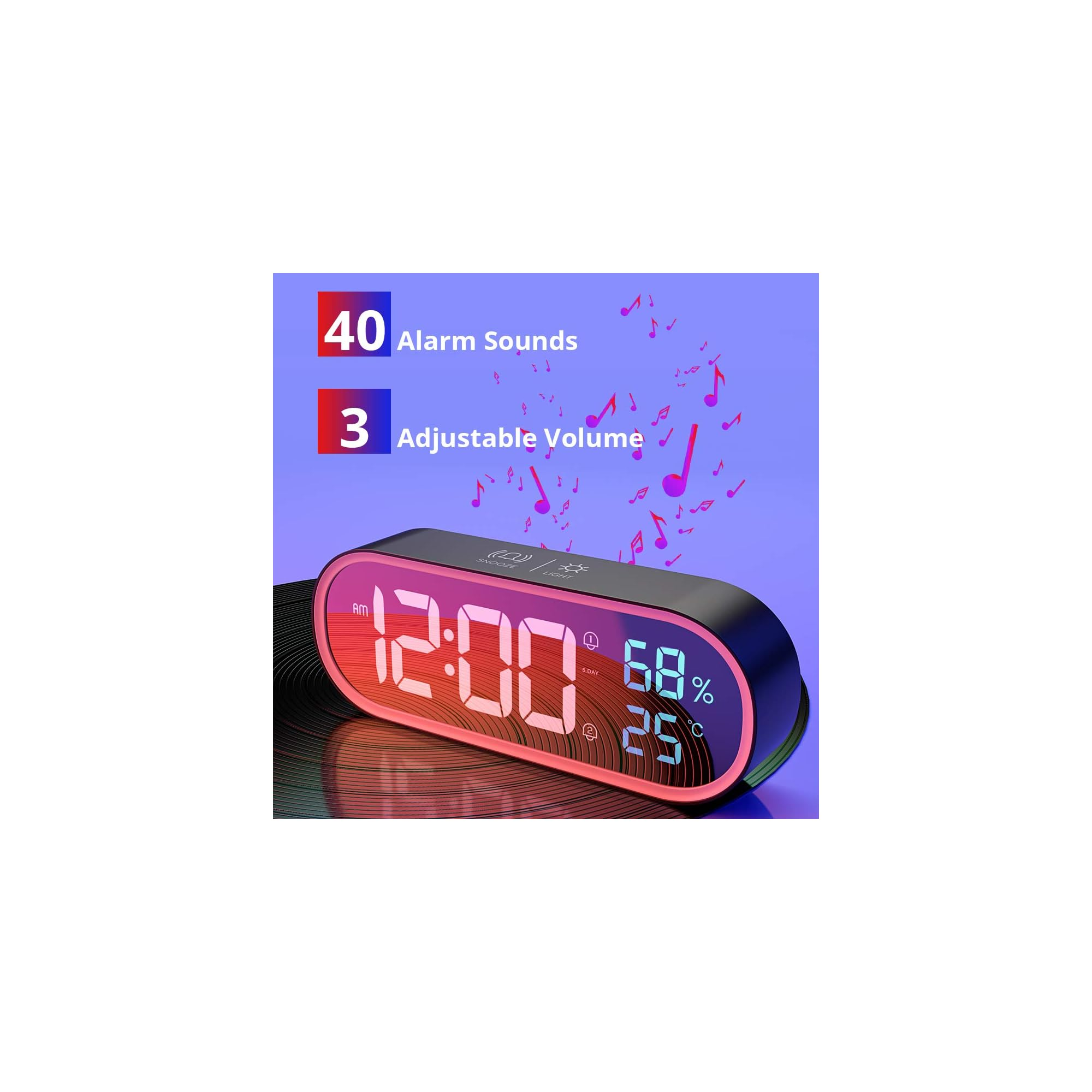 Digitaluhr zeigt 12:00, 68% Luftfeuchtigkeit, 25°C. 40 Alarmtöne, 3 Lautstärken.