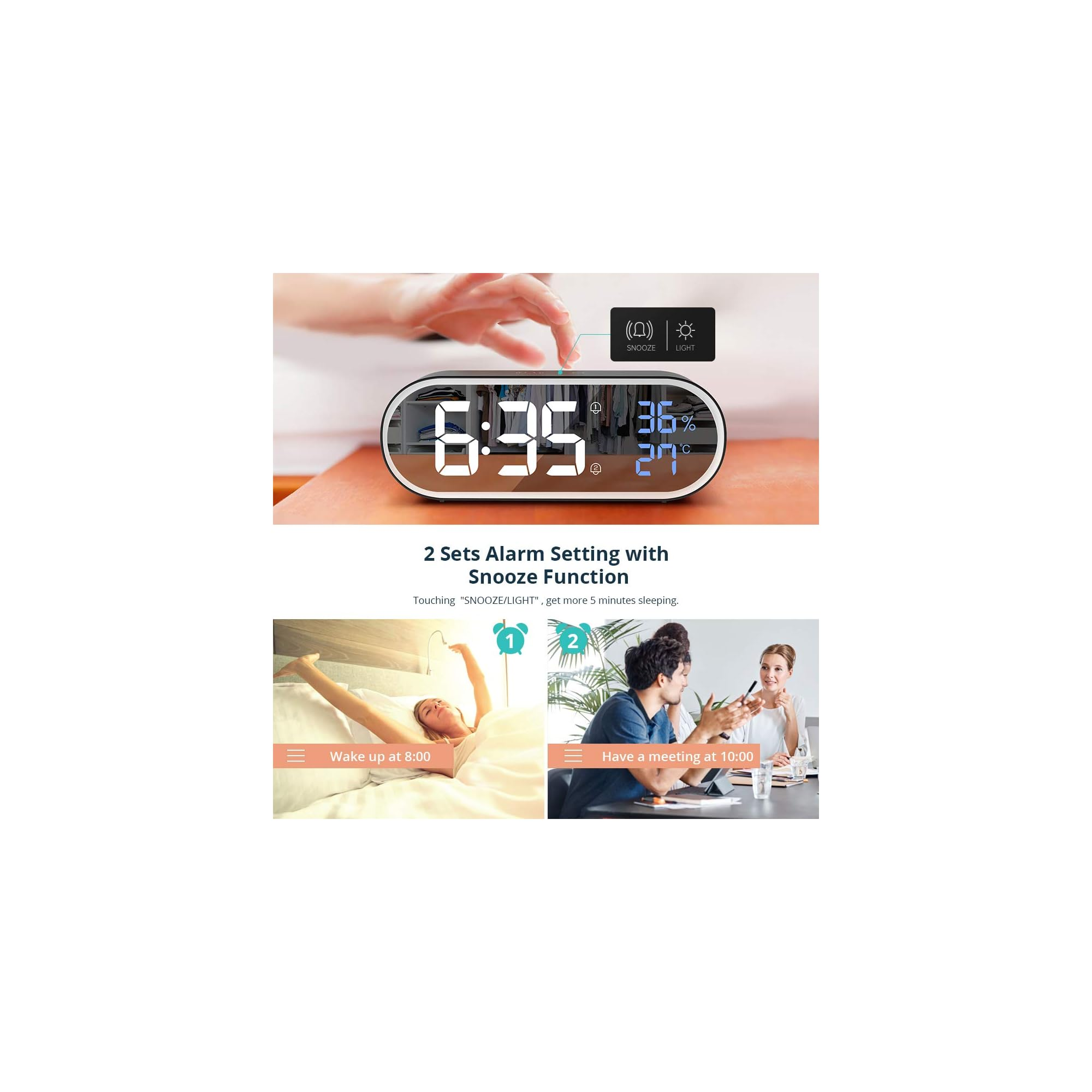 Digitaluhr mit Snooze-Funktion, zeigt Uhrzeit, Datum, Temperatur und Luftfeuchtigkeit an.