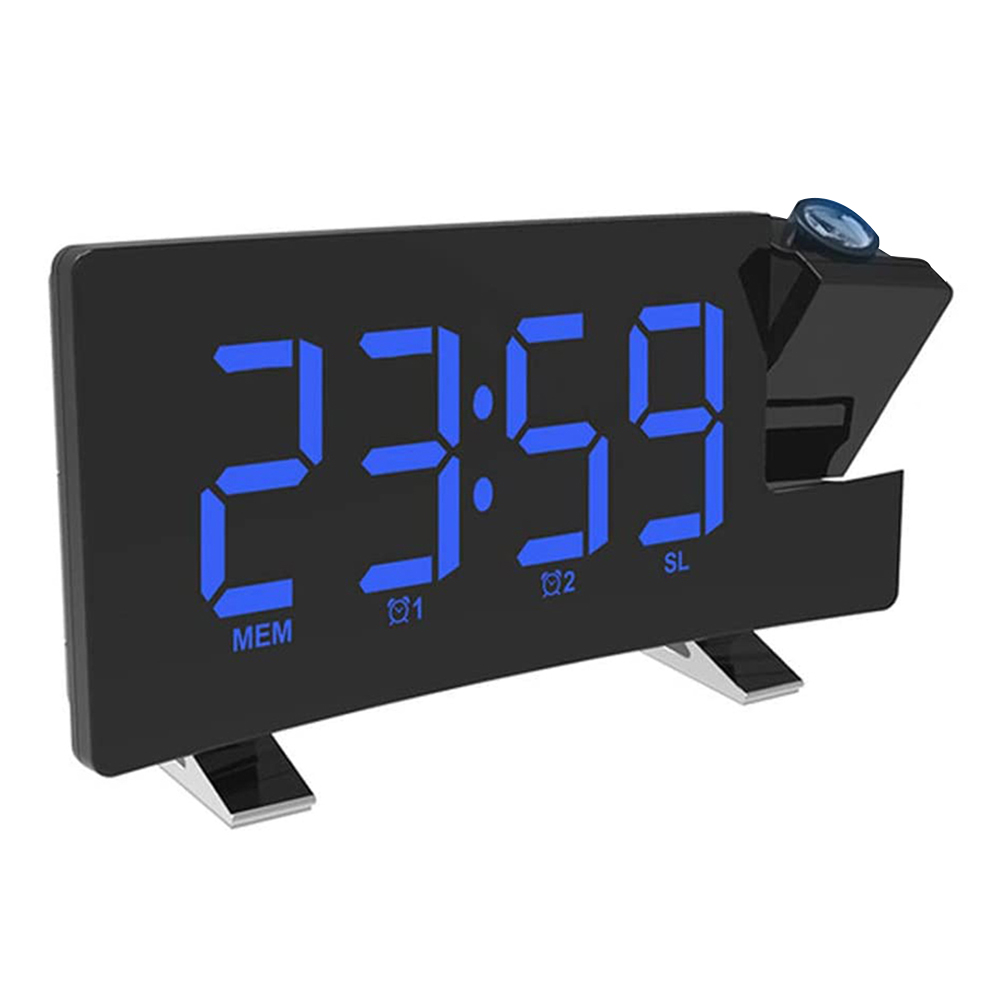 Digitaler Wecker mit blauem LED-Display, zeigt 23:59 an.