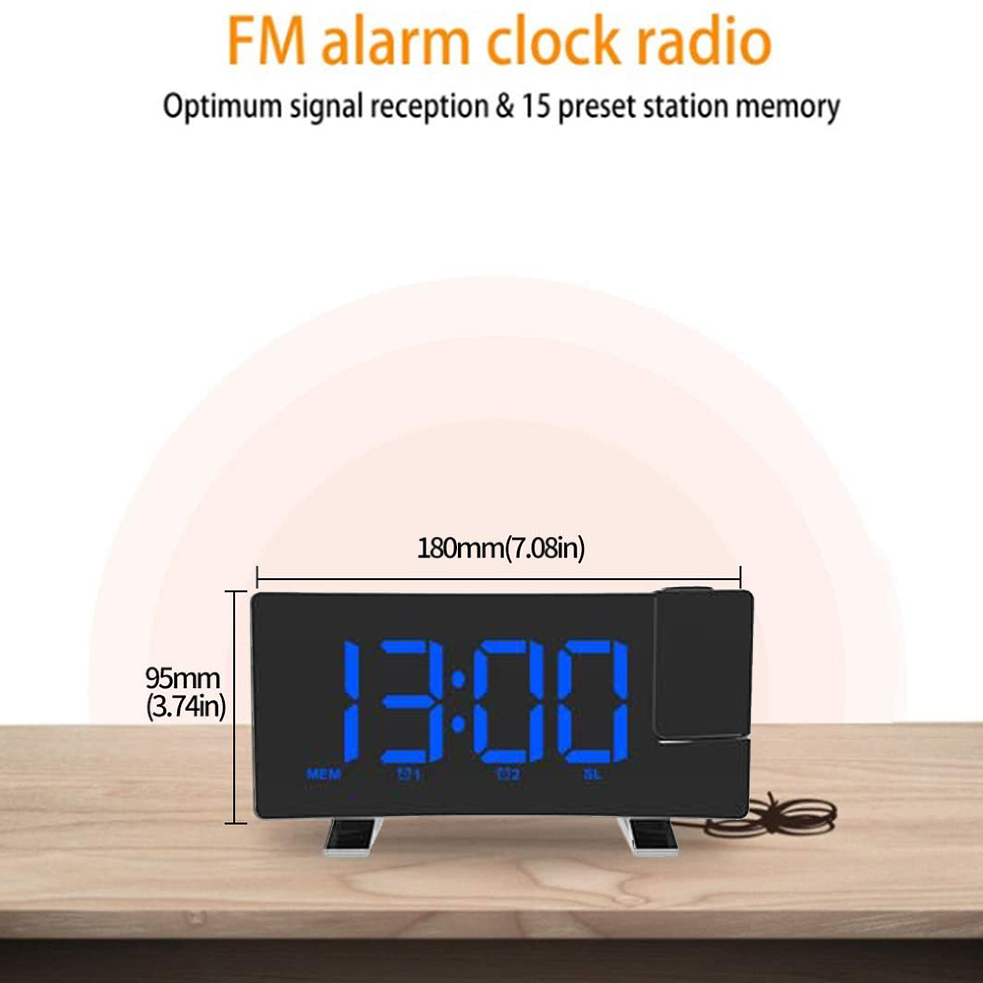 Digitaluhr mit blauen Ziffern zeigt 13:00 Uhr auf einem Holztisch.