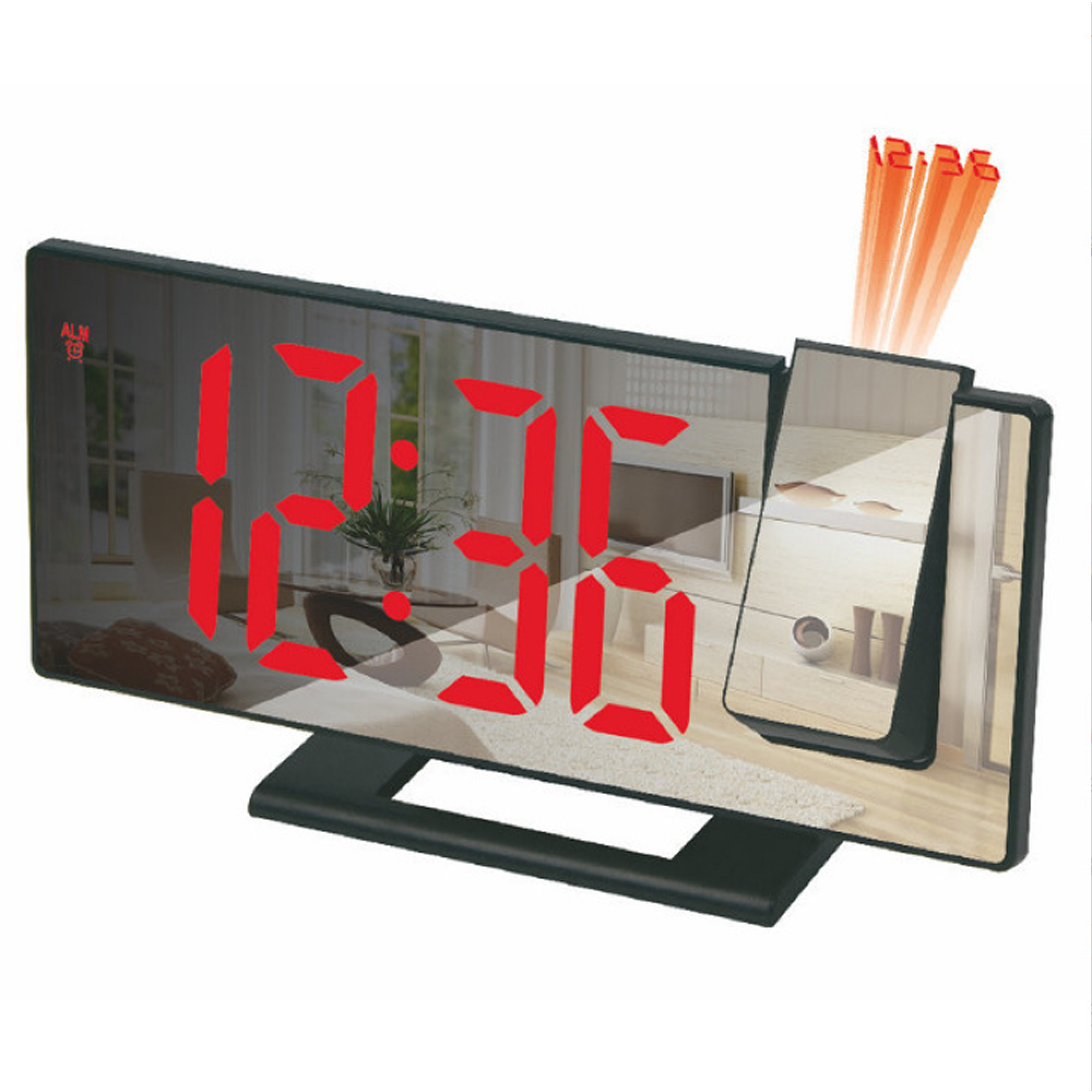 Digitaluhr mit roter Zeitprojektion 12:36 auf einem Nachttisch.