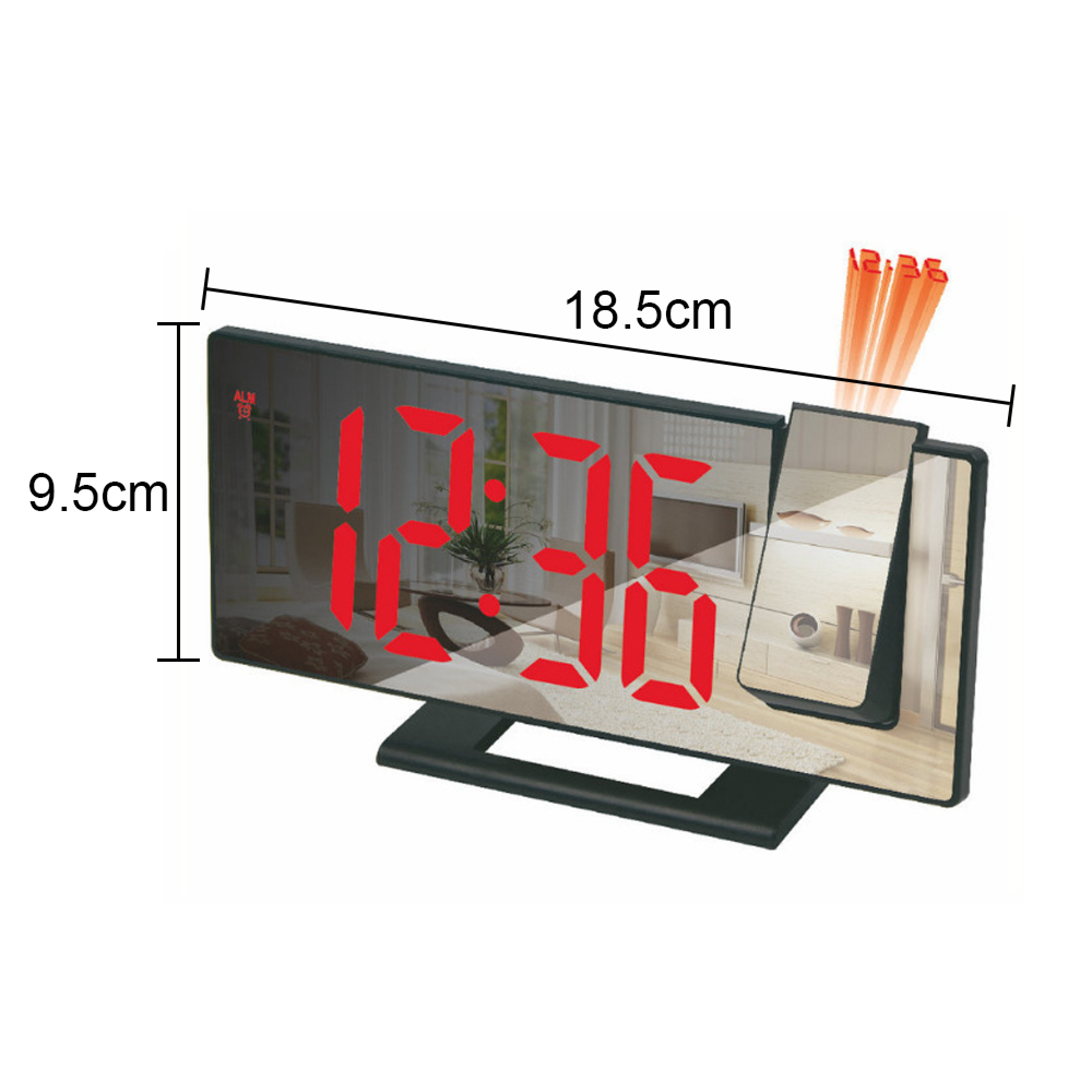 Digitaluhr mit roter Anzeige, 18,5 cm breit, 9,5 cm hoch.