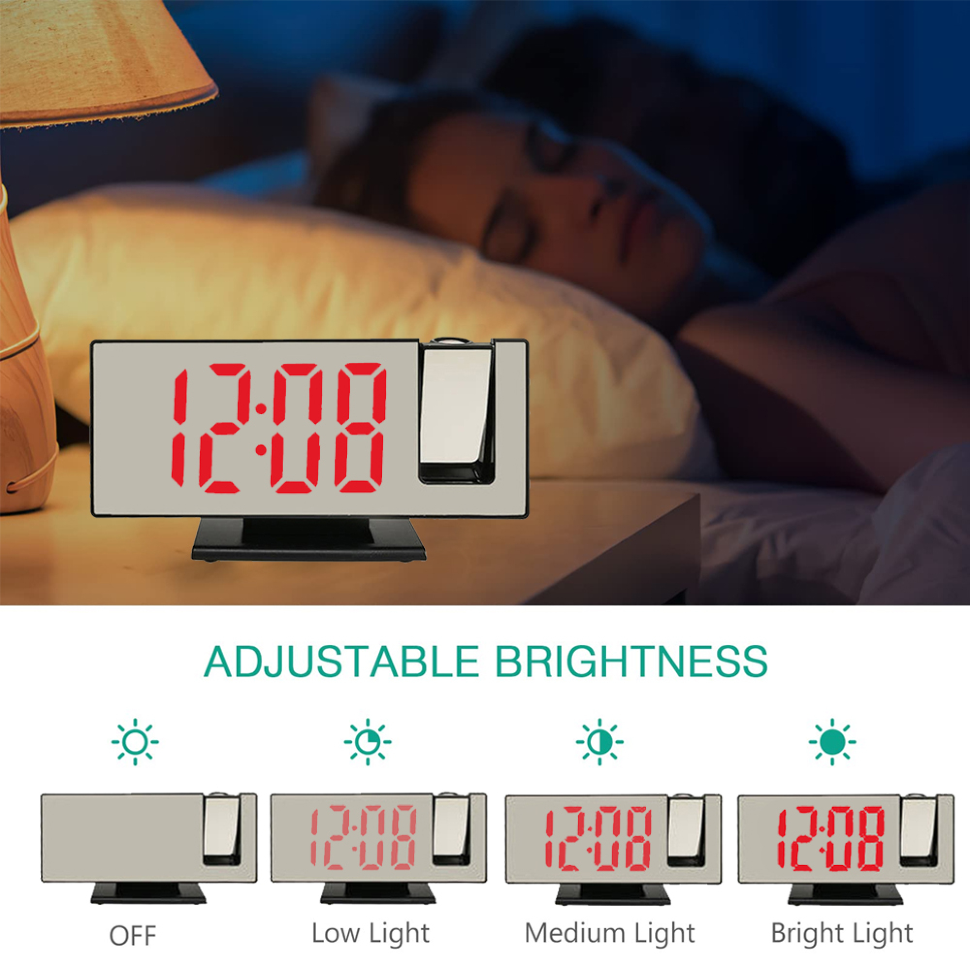 Digitaluhr projiziert 12:08 auf Wand, Person schläft.