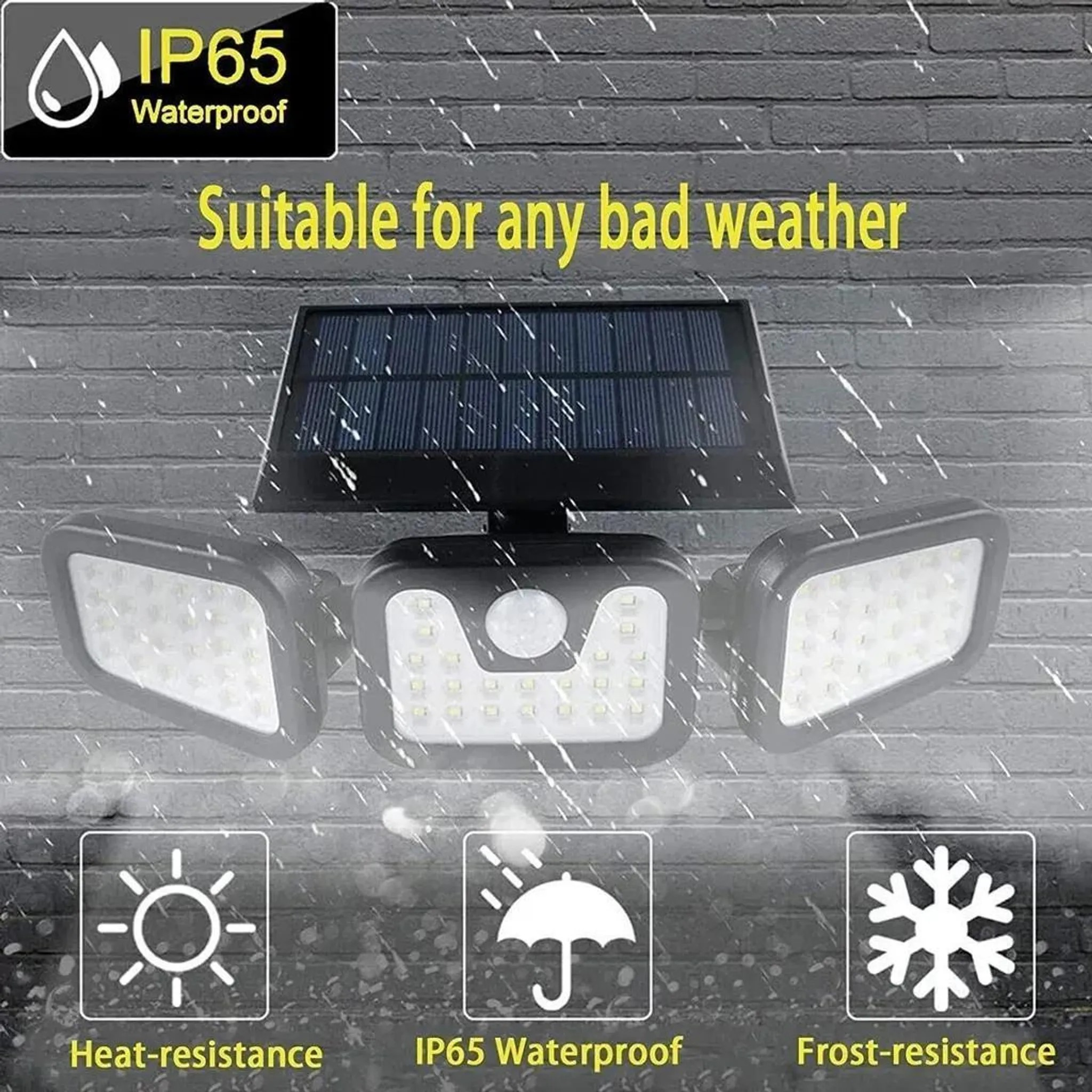 Solar-Außenleuchte mit drei Köpfen, IP65 wasserdicht, hitze- und frostbeständig.