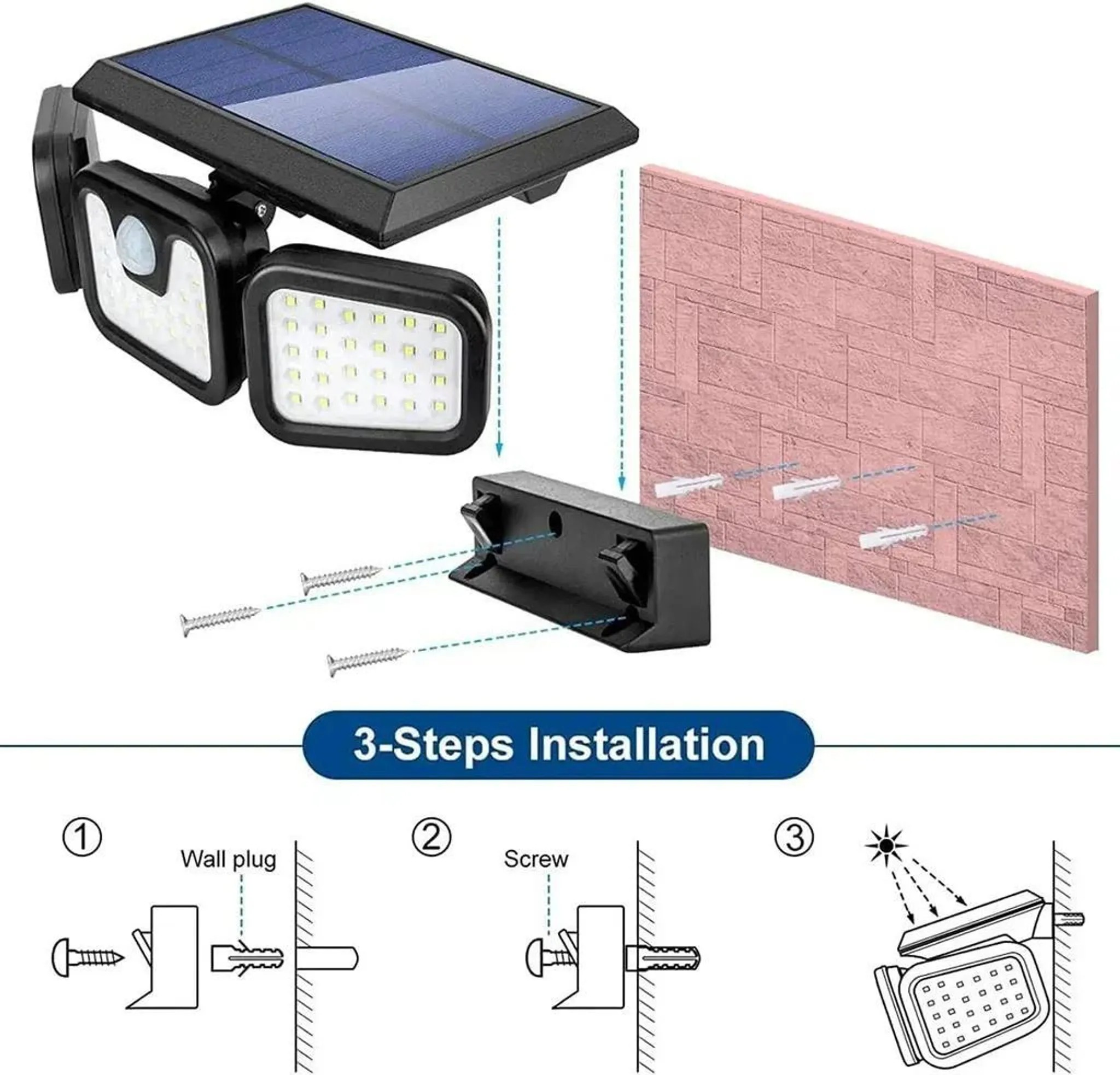 Installationsanleitung für ein Solarlicht mit Wandhalterung, Schrauben und Dübeln.