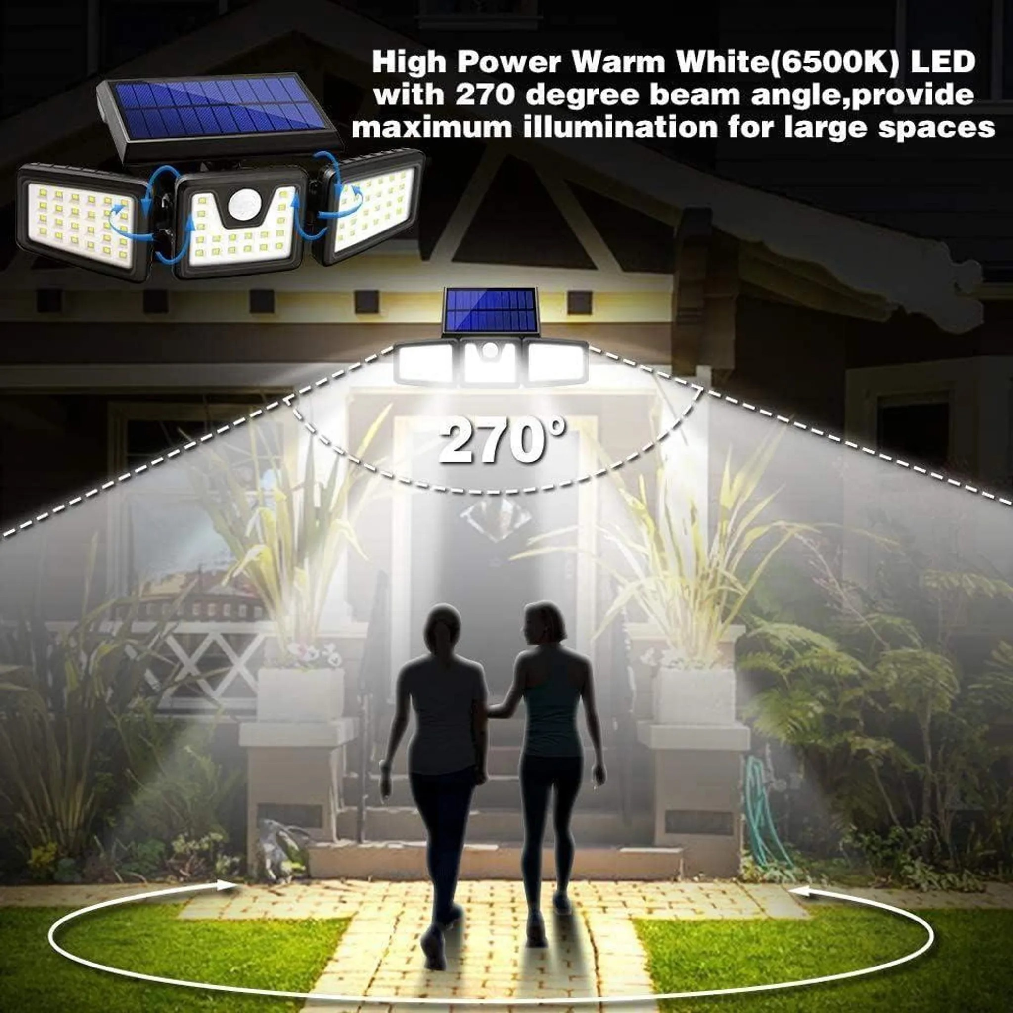 Solar-LED-Außenleuchte mit 270°-Erfassungsbereich beleuchtet Hausfassade und Garten.