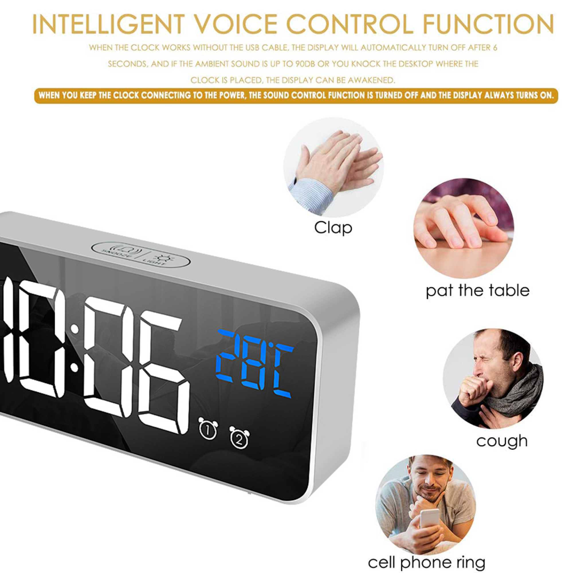 Digitaluhr mit Zeit- und Temperaturanzeige, mit Icons für Klatschen, Tischklopfen, Husten und Klingeln.