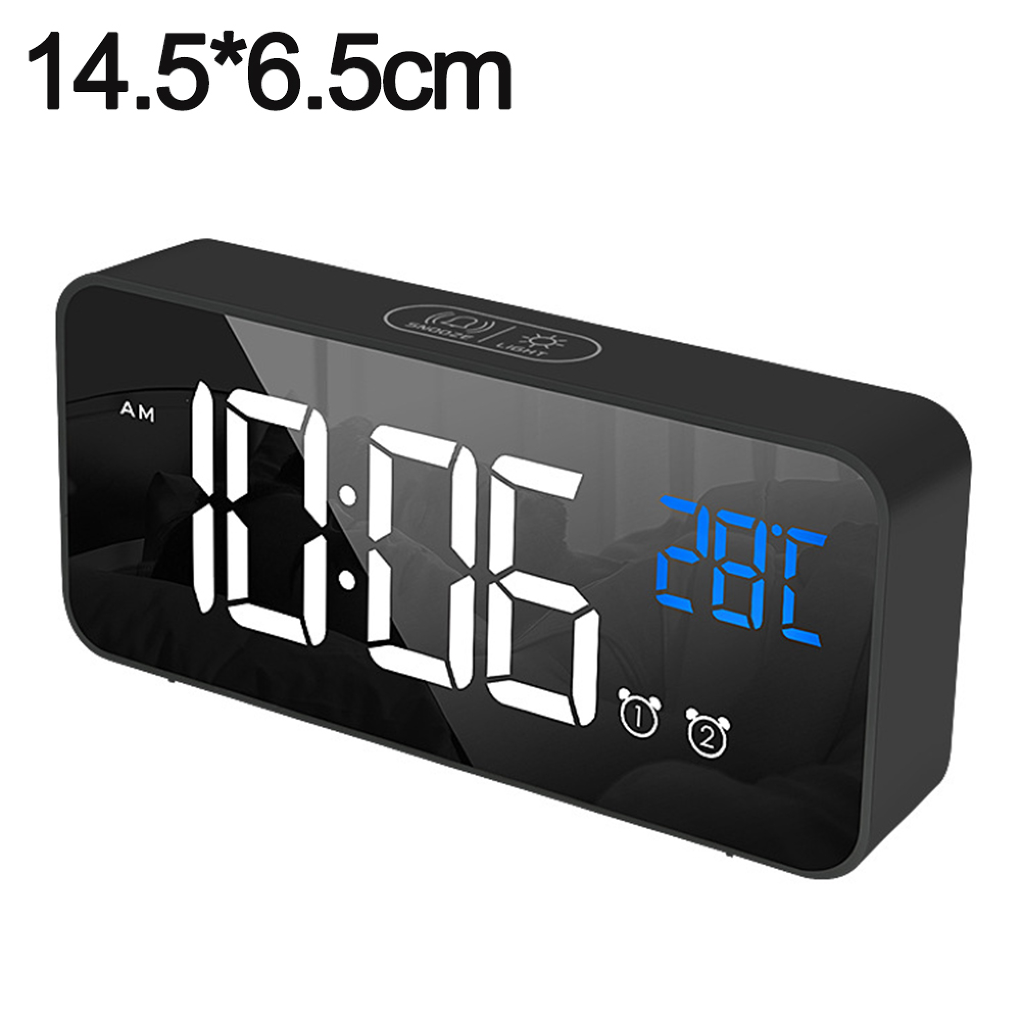 Schwarzer Digitaluhr zeigt 10:06 und 28C. Hat Snooze/Light-Tasten.