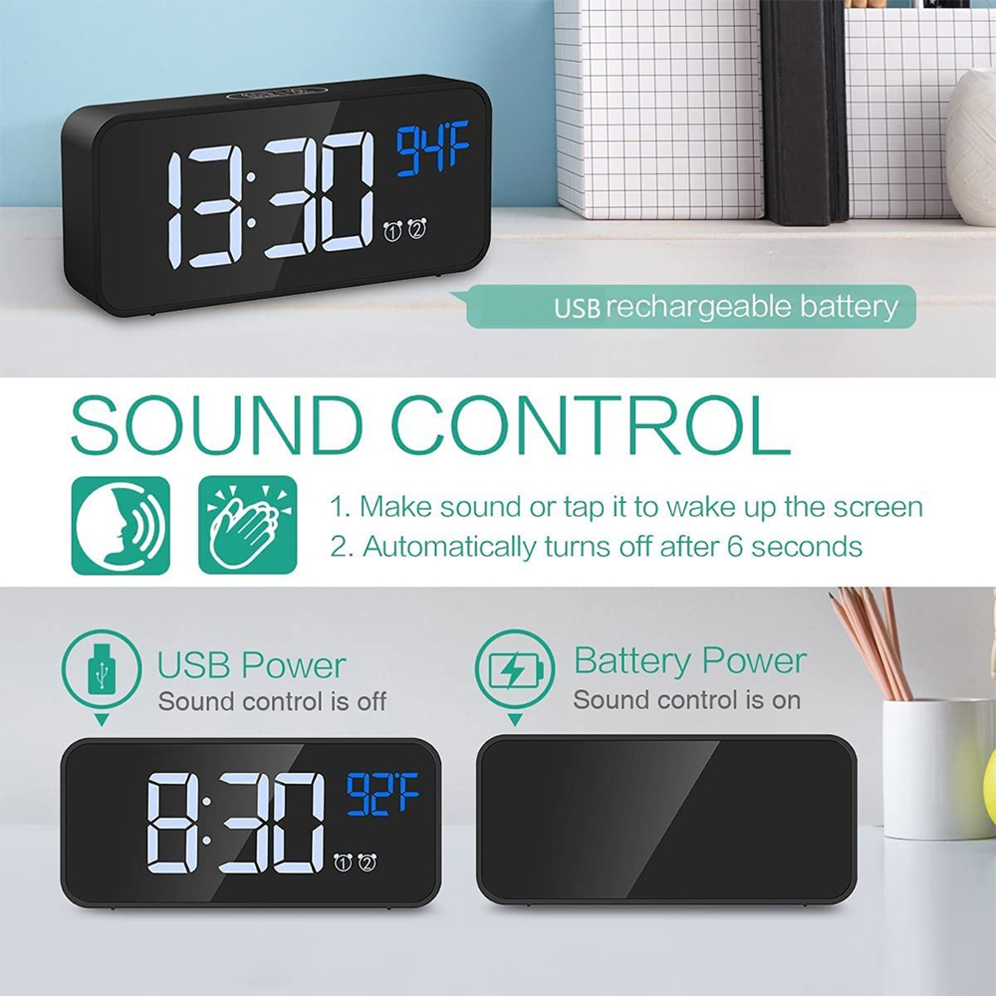 Digitaluhr zeigt 13:30 und 94F an. USB-wiederaufladbare Batterie.