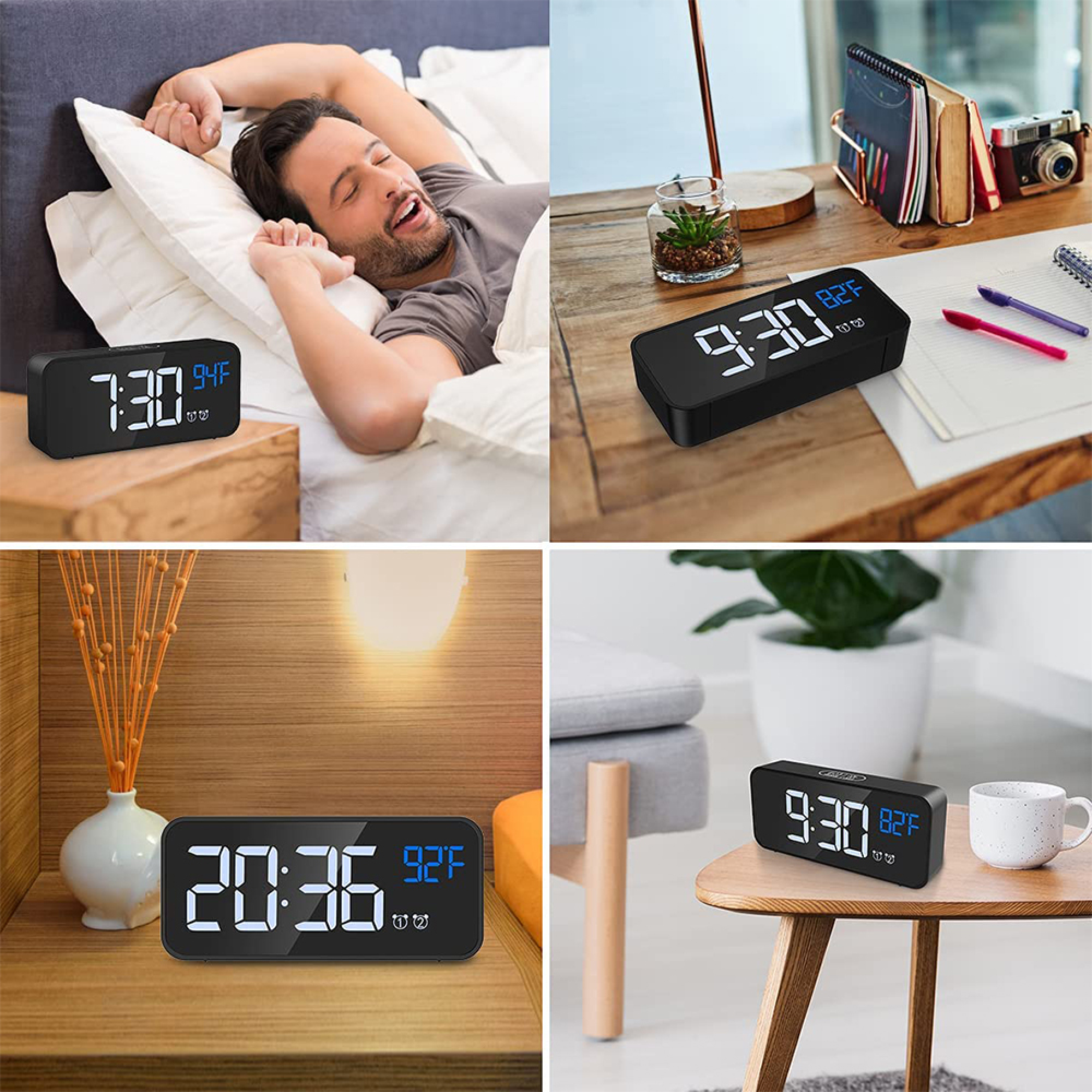 Vier Szenen zeigen einen Mann im Bett, einen Wecker auf einem Schreibtisch, einen Wecker auf einem Regal und einen Wecker auf einem Beistelltisch.