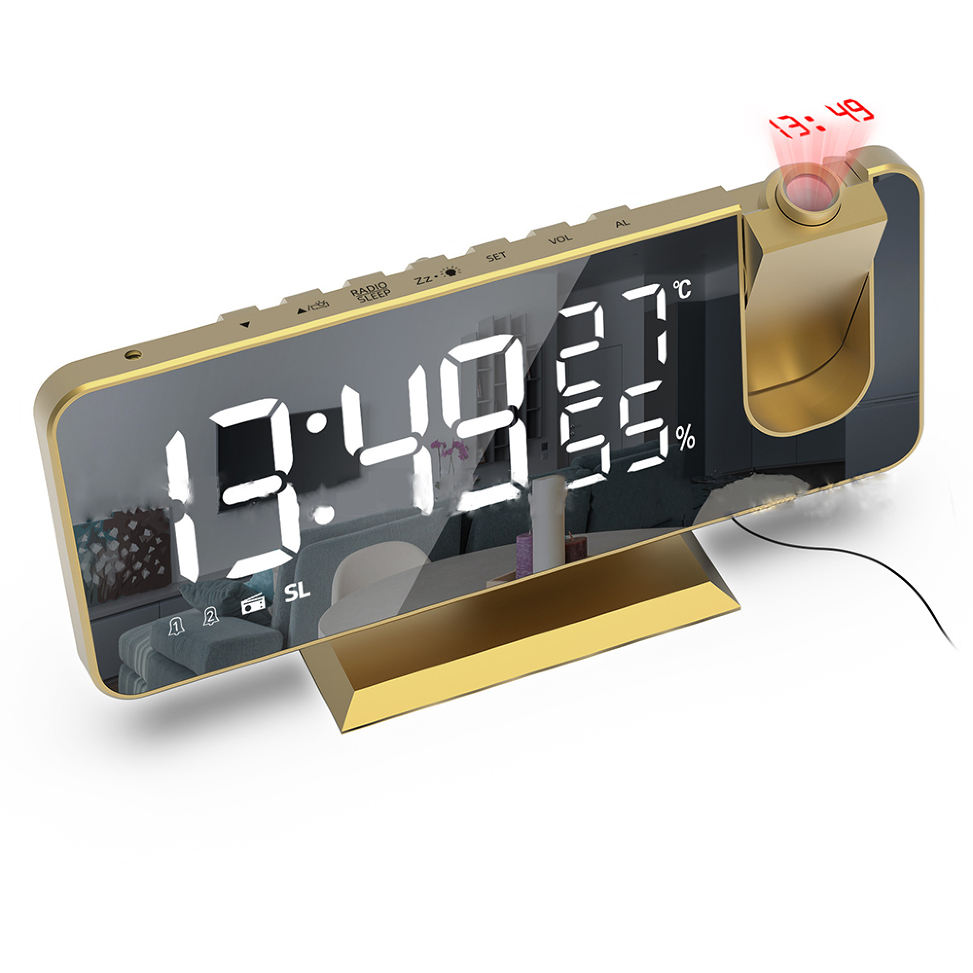 Goldener Digitalwecker mit projizierter Zeit an Decke. Zeigt 13:49.