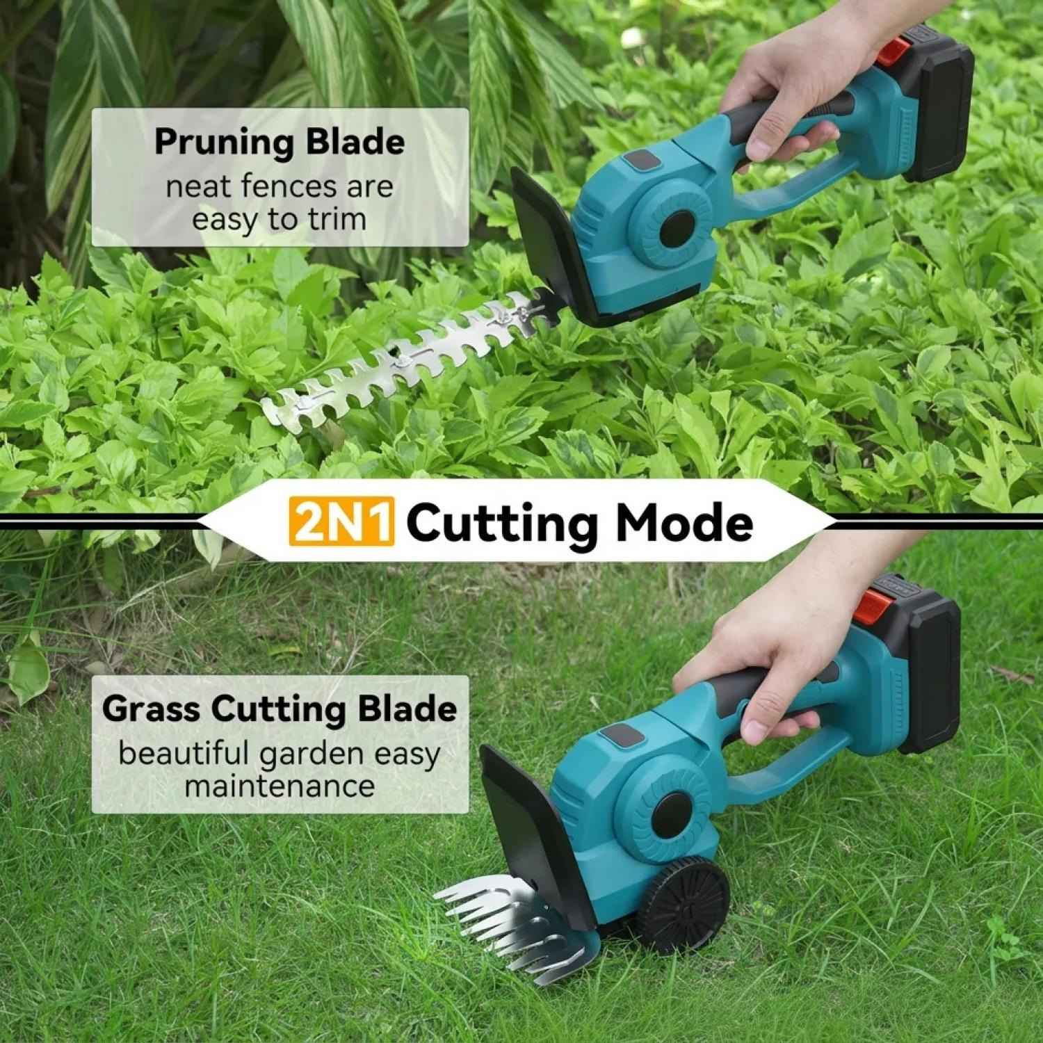 Ein Handtrimmer mit zwei Klingen: eine zum Beschneiden von Büschen und eine zum Schneiden von Gras.