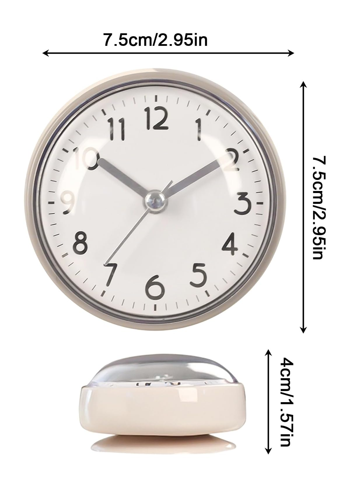Runde weiße Uhr mit schwarzen Ziffern und Zeigern, Maße angezeigt.