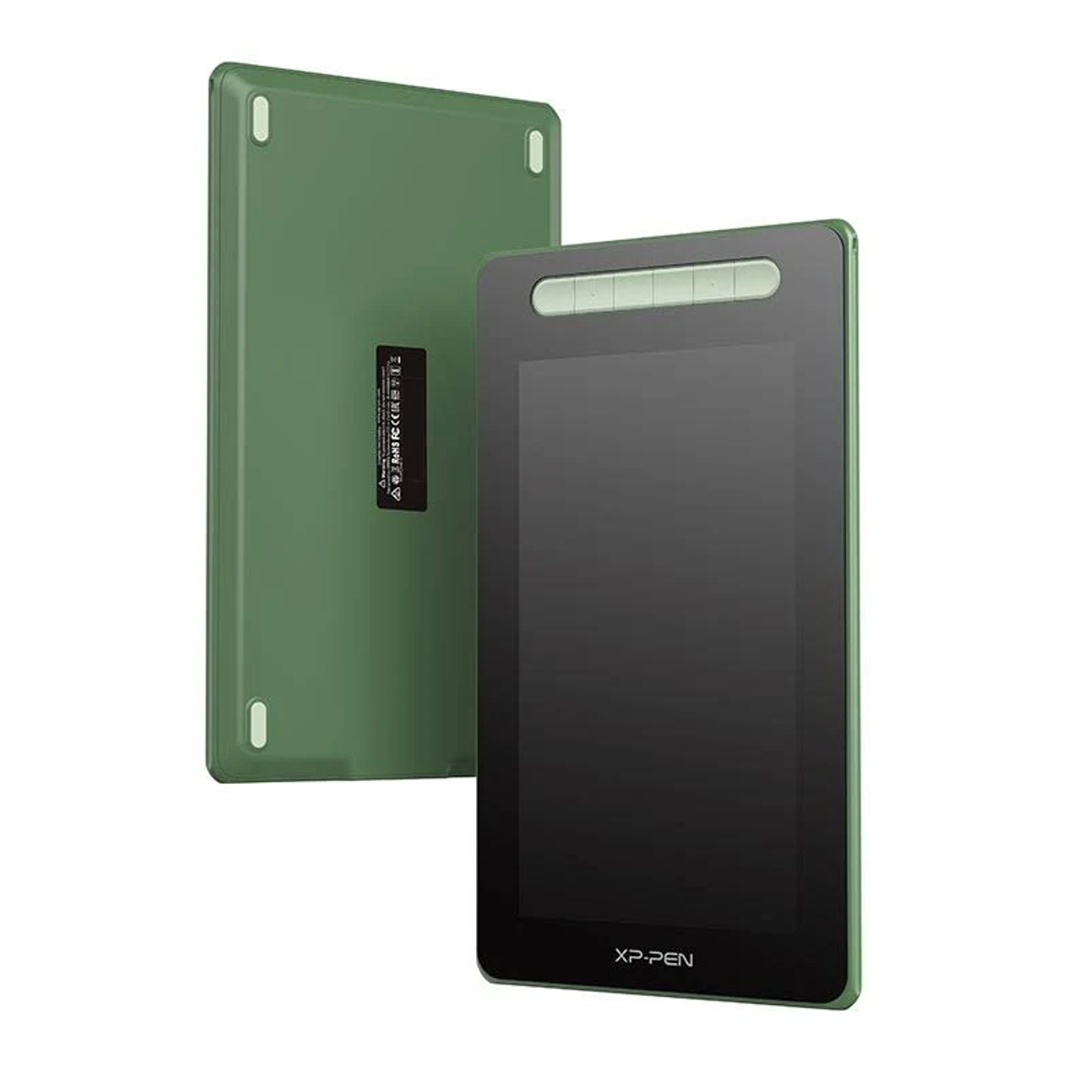 Dos tabletas gráficas XP-PEN verdes. Una muestra su parte trasera con etiquetas, la otra su pantalla.