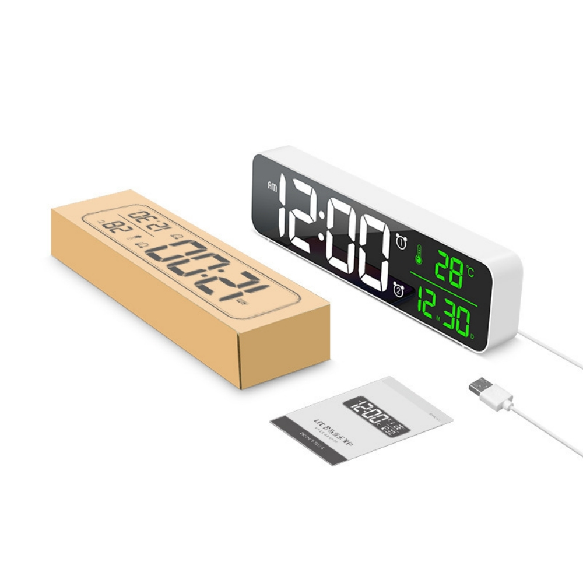 Digitaler Wecker mit Temperaturanzeige und Ladekabel.